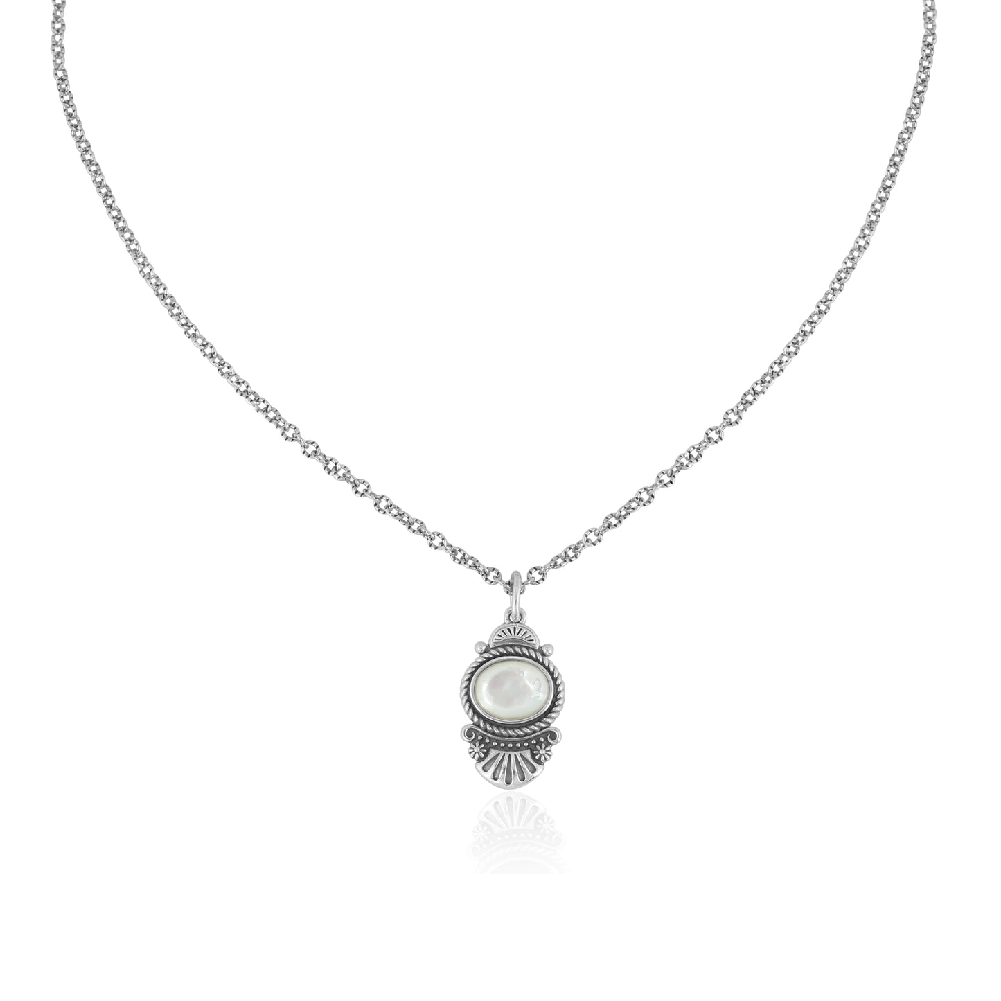 Sterling Silver White Mother of Pearl Gemstone Fan Pendant with Chain Necklace, 17-20 Inches