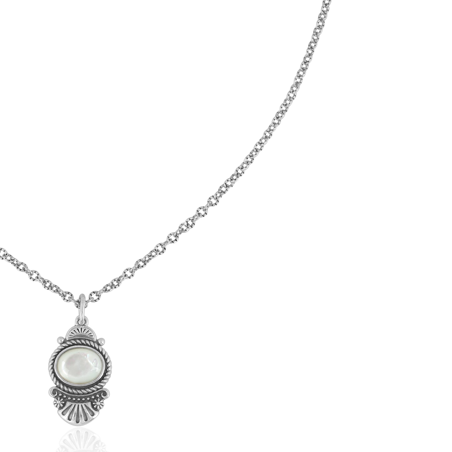 Sterling Silver White Mother of Pearl Gemstone Fan Pendant with Chain Necklace, 17-20 Inches