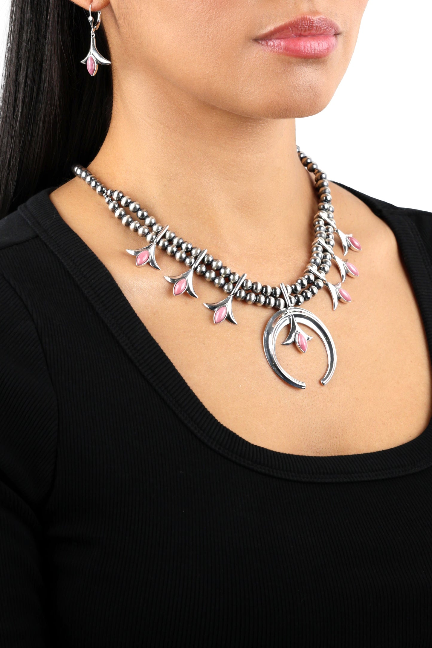 Sterling Silver Rhodonite Gemstone Squash Blossom Necklace, 17-20 Inches