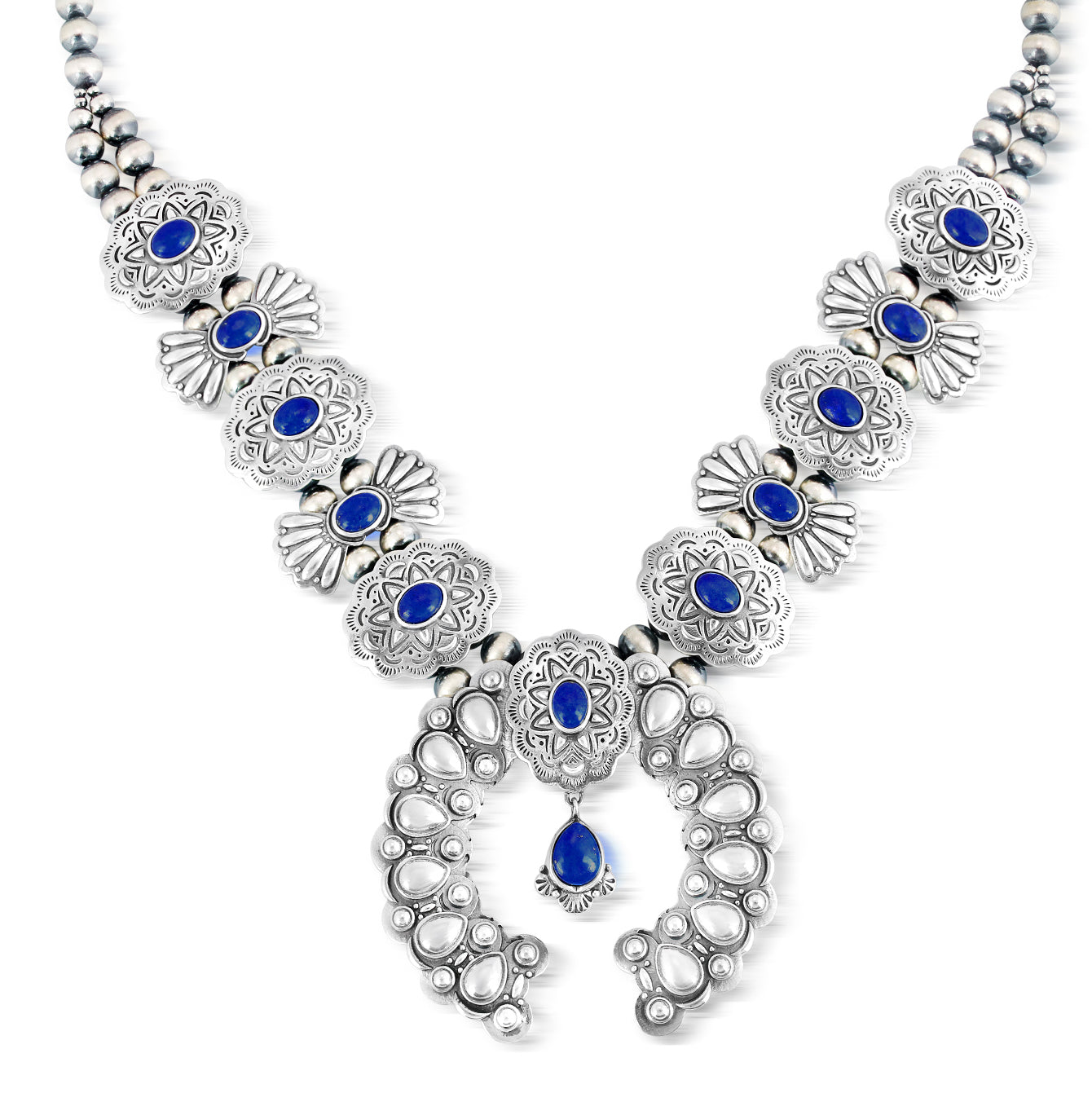 Sterling Silver Lapis Concha Butterfly Squash Blossom Necklace, 17 to 20 Inches