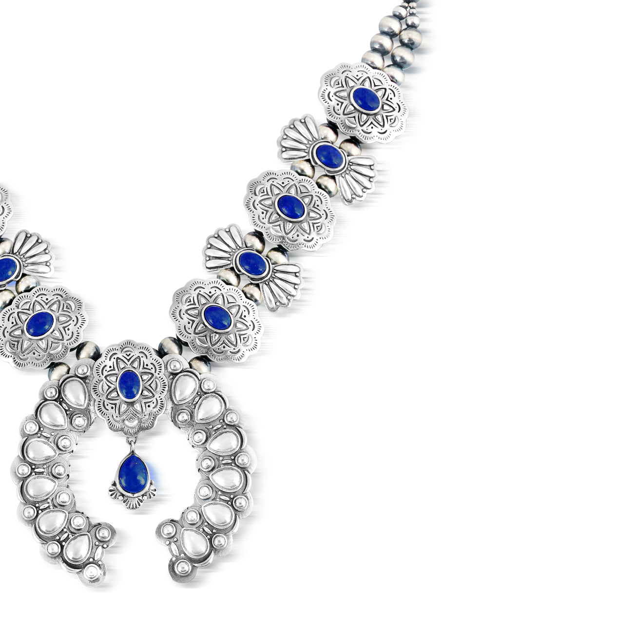 Sterling Silver Lapis Concha Butterfly Squash Blossom Necklace, 17 to 20 Inches