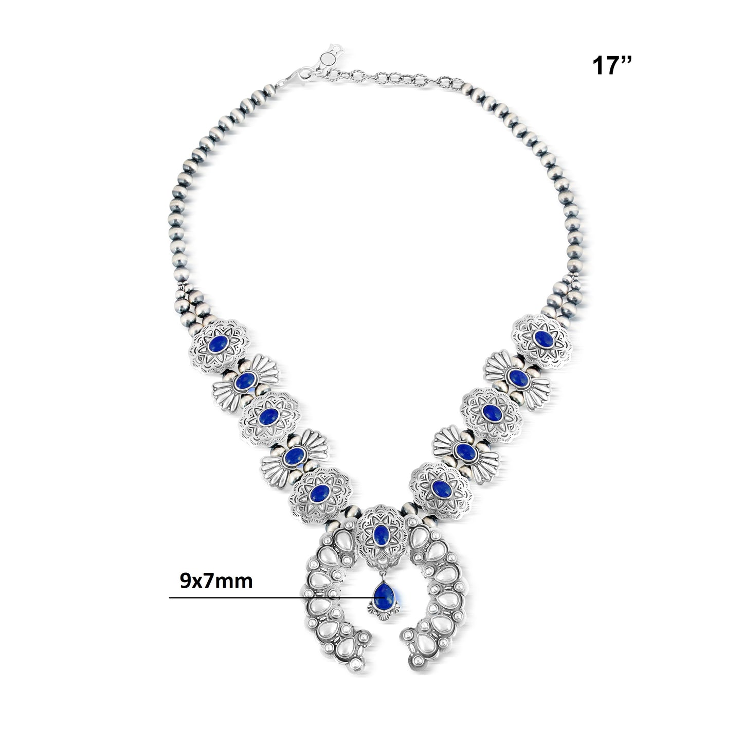 Sterling Silver Lapis Concha Butterfly Squash Blossom Necklace, 17 to 20 Inches