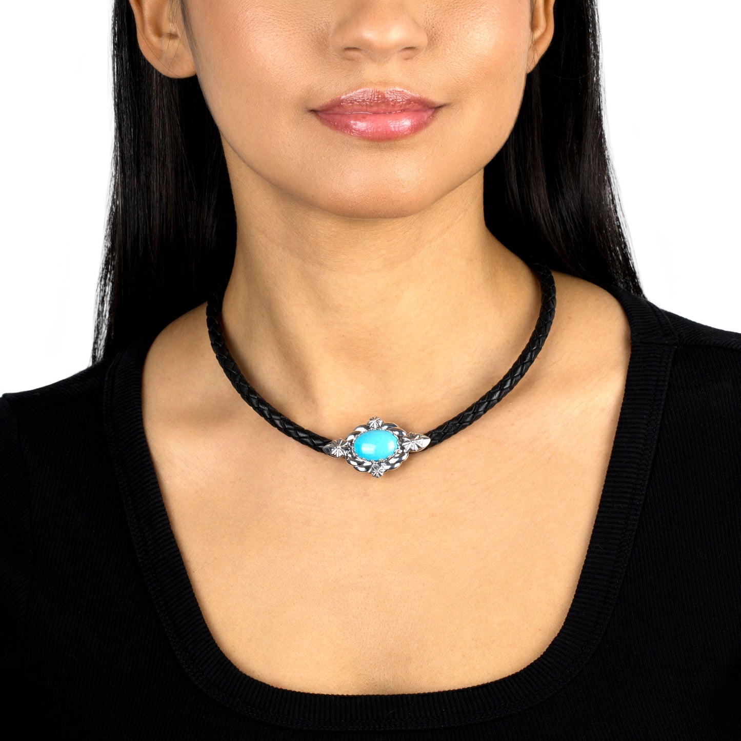 EXCLUSIVELY OURS! Sterling Silver Kingman Turquoise Black Braided Leather Necklace, 17 to 20 Inches