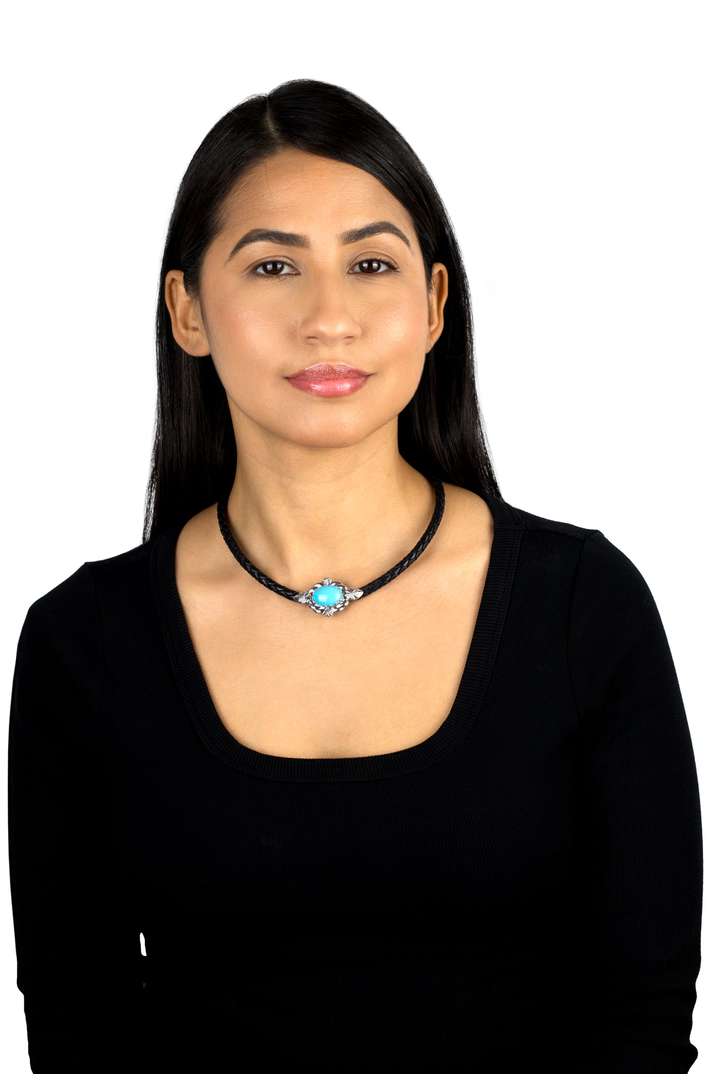 EXCLUSIVELY OURS! Sterling Silver Kingman Turquoise Black Braided Leather Necklace, 17 to 20 Inches