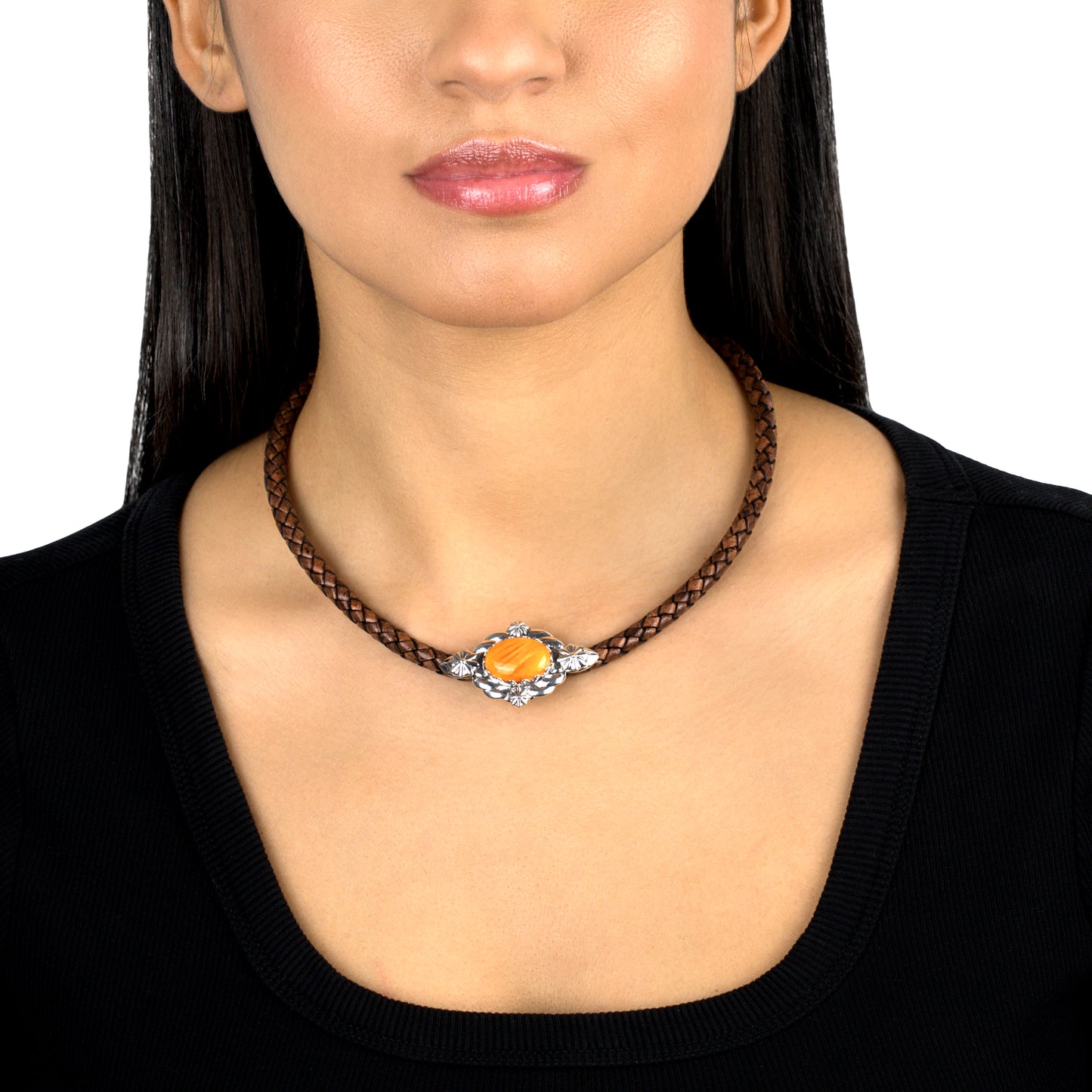 EXCLUSIVELY OURS! Sterling Silver Orange Spiny Oyster Antique Red-Brown Braided Leather Necklace, 17 to 20 Inches