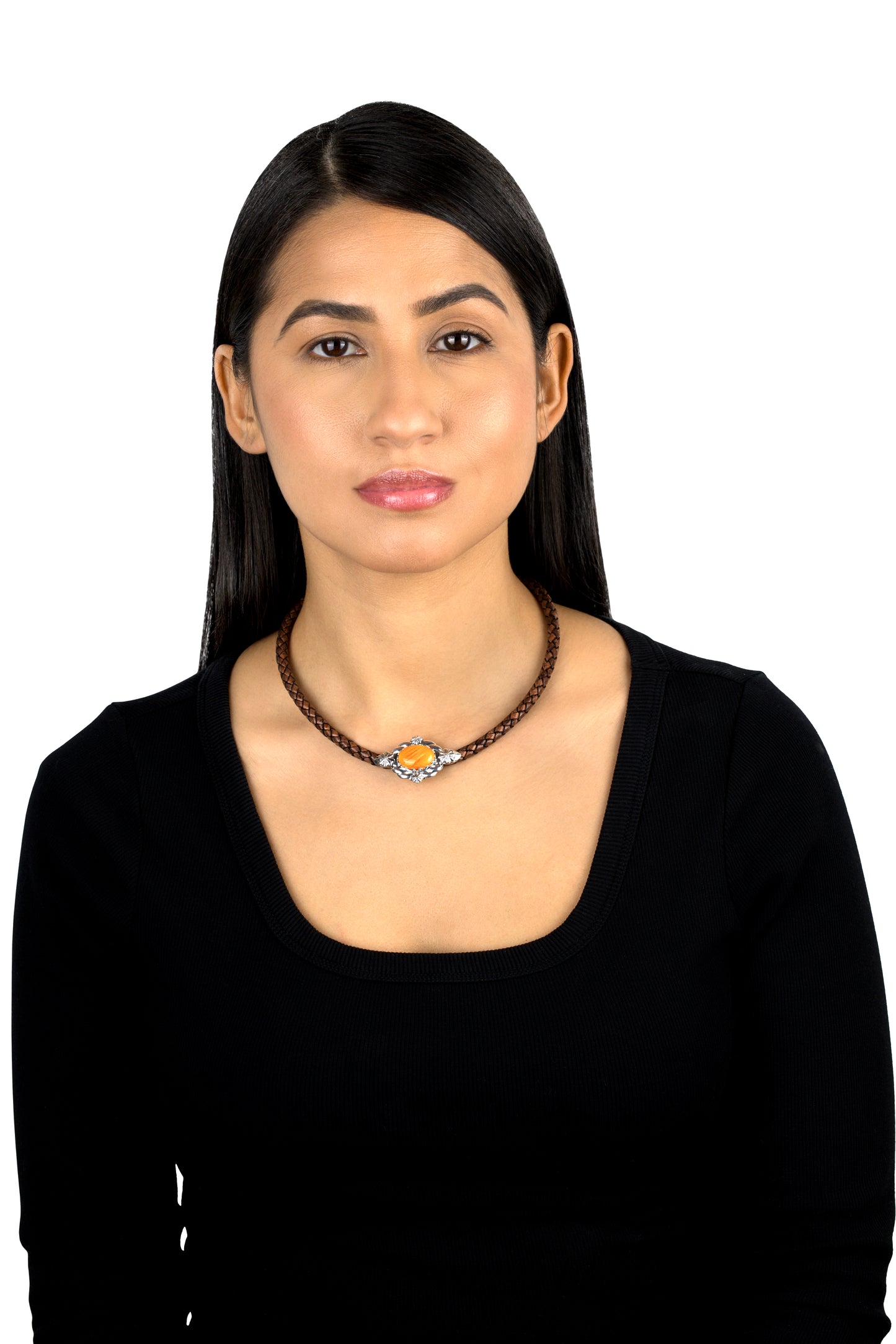 EXCLUSIVELY OURS! Sterling Silver Orange Spiny Oyster Antique Red-Brown Braided Leather Necklace, 17 to 20 Inches