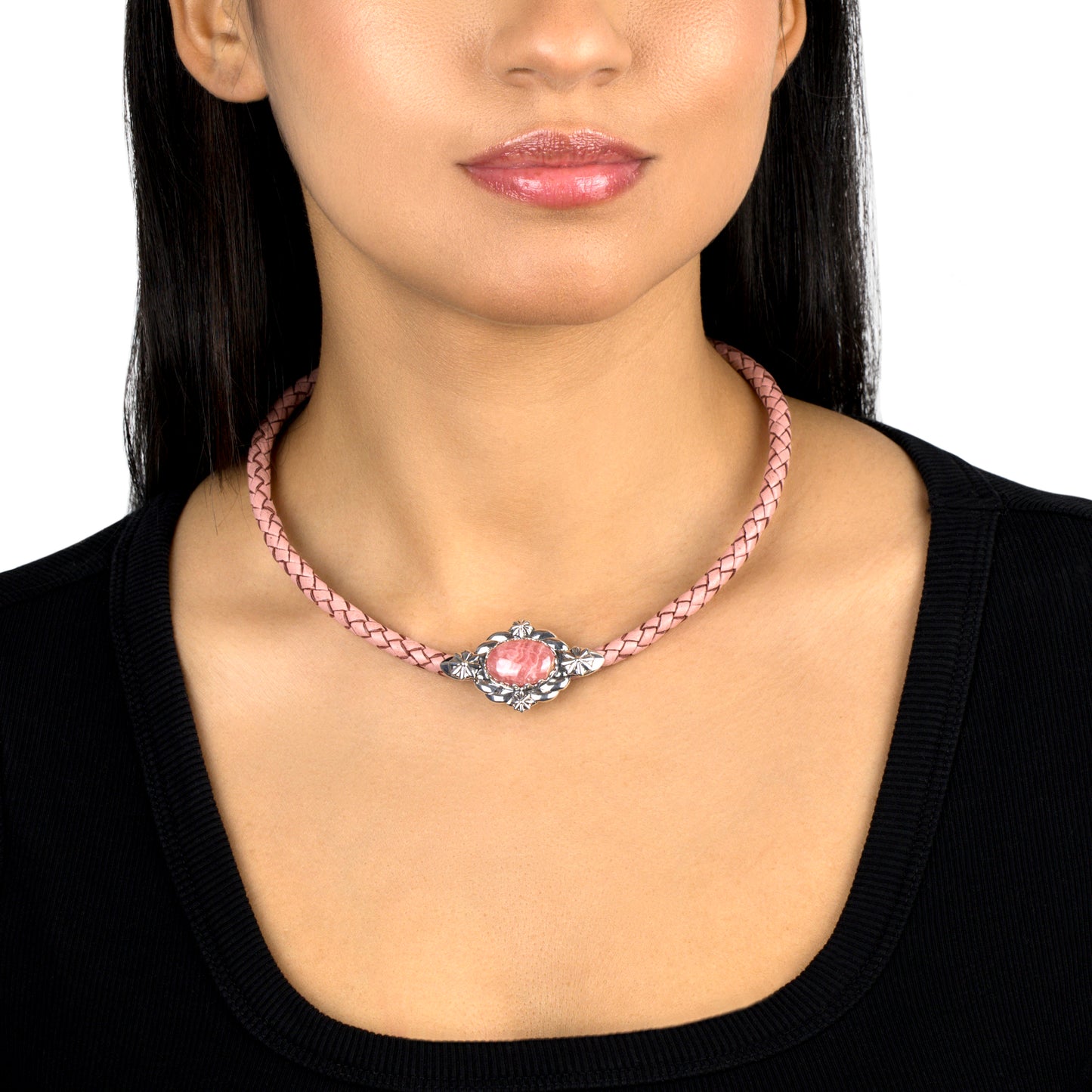 EXCLUSIVELY OURS! Sterling Silver Rhodochrosite Pink Braided Leather Necklace, 17 to 20 Inches