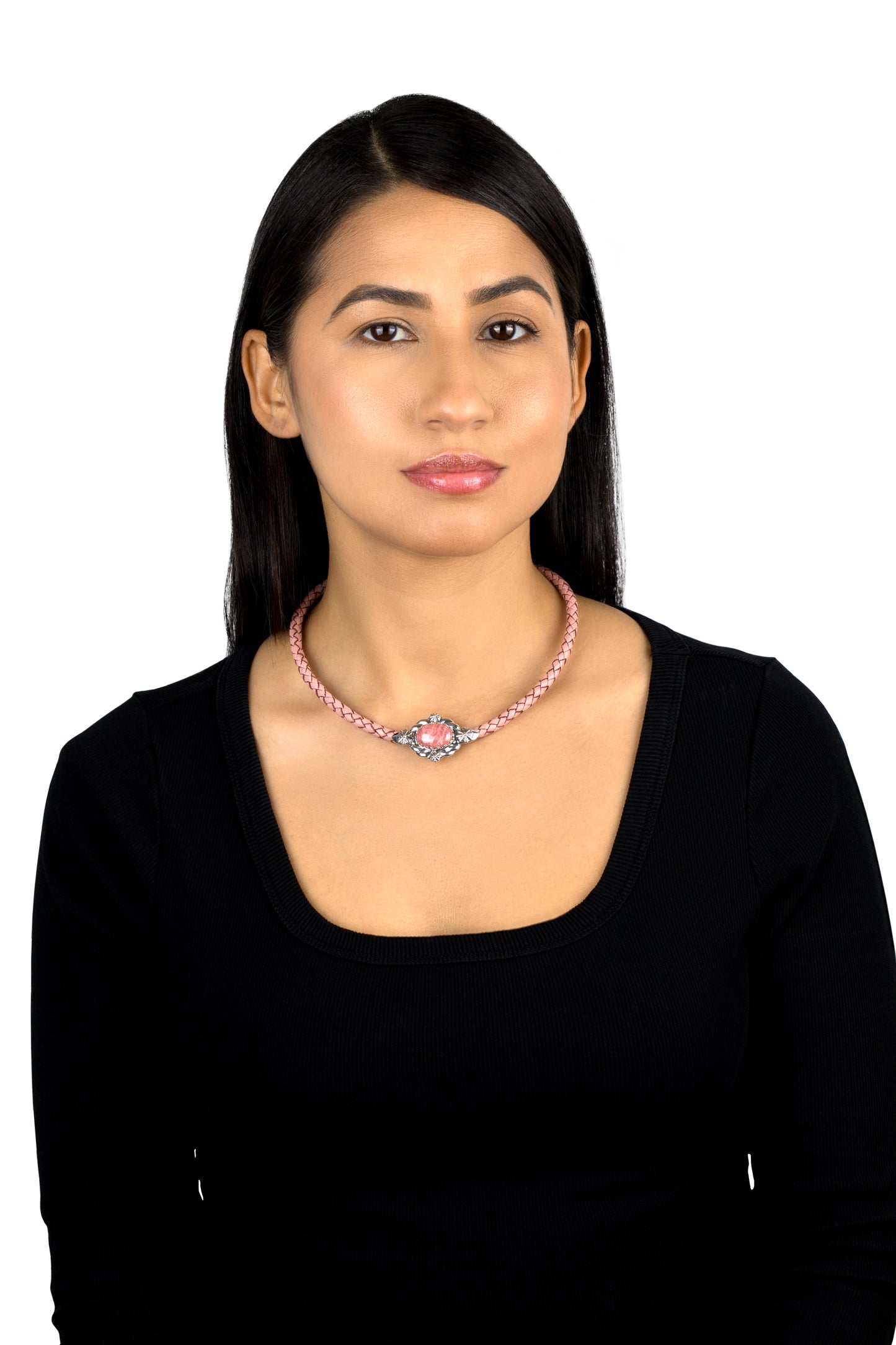 EXCLUSIVELY OURS! Sterling Silver Rhodochrosite Pink Braided Leather Necklace, 17 to 20 Inches