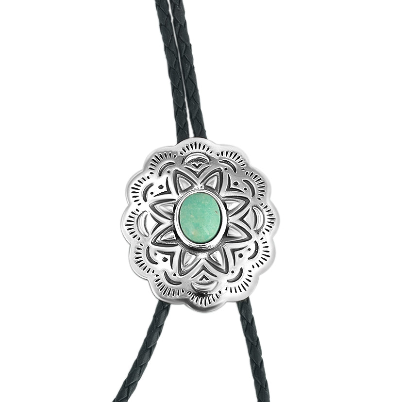 Sterling Silver Green Turquoise Leather Concha Bolo Necklace, 36 Inches