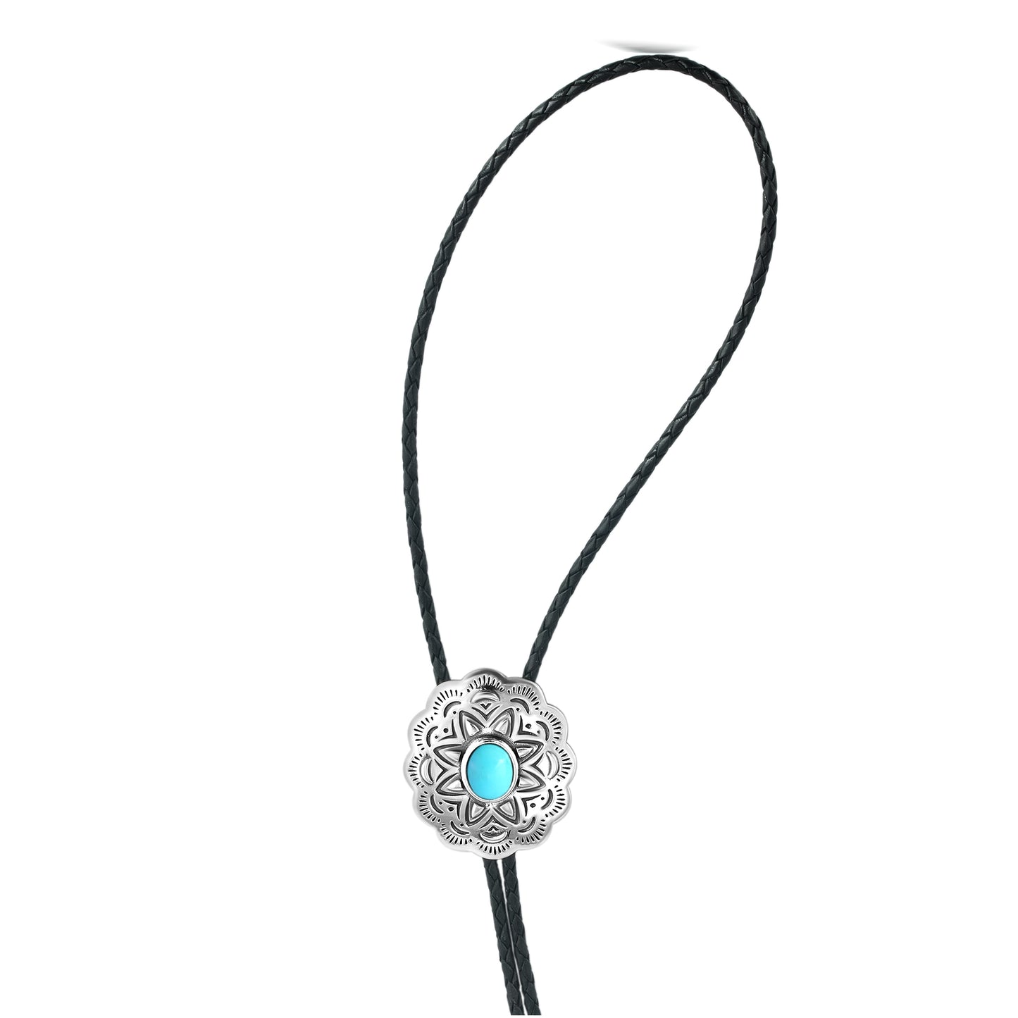 LIMITED EDITION! Sterling Silver Sleeping Beauty Turquoise Leather Concha Bolo Necklace, 36 Inches