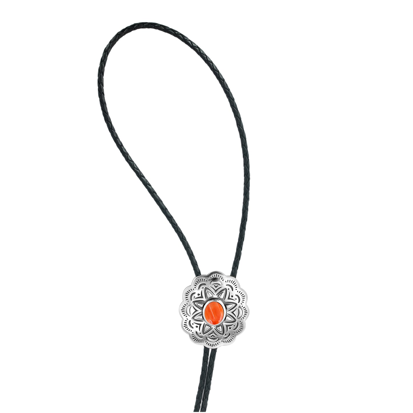 Sterling Silver Orange Spiny Oyster Leather Concha Bolo Necklace, 36 Inches