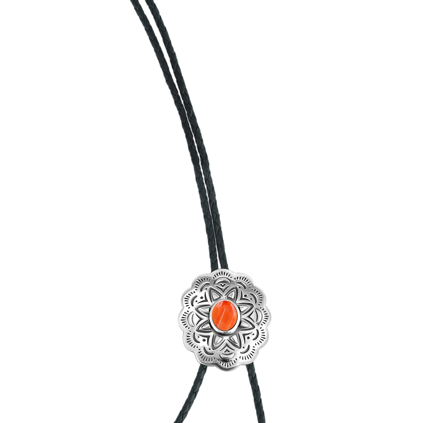 Sterling Silver Orange Spiny Oyster Leather Concha Bolo Necklace, 36 Inches