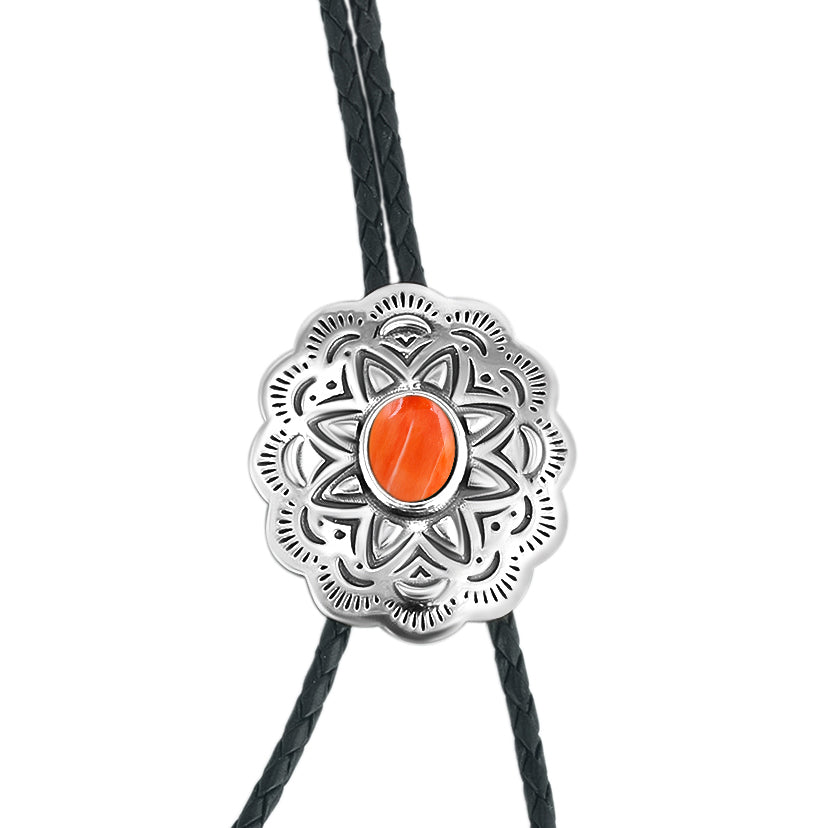 Sterling Silver Orange Spiny Oyster Leather Concha Bolo Necklace, 36 Inches