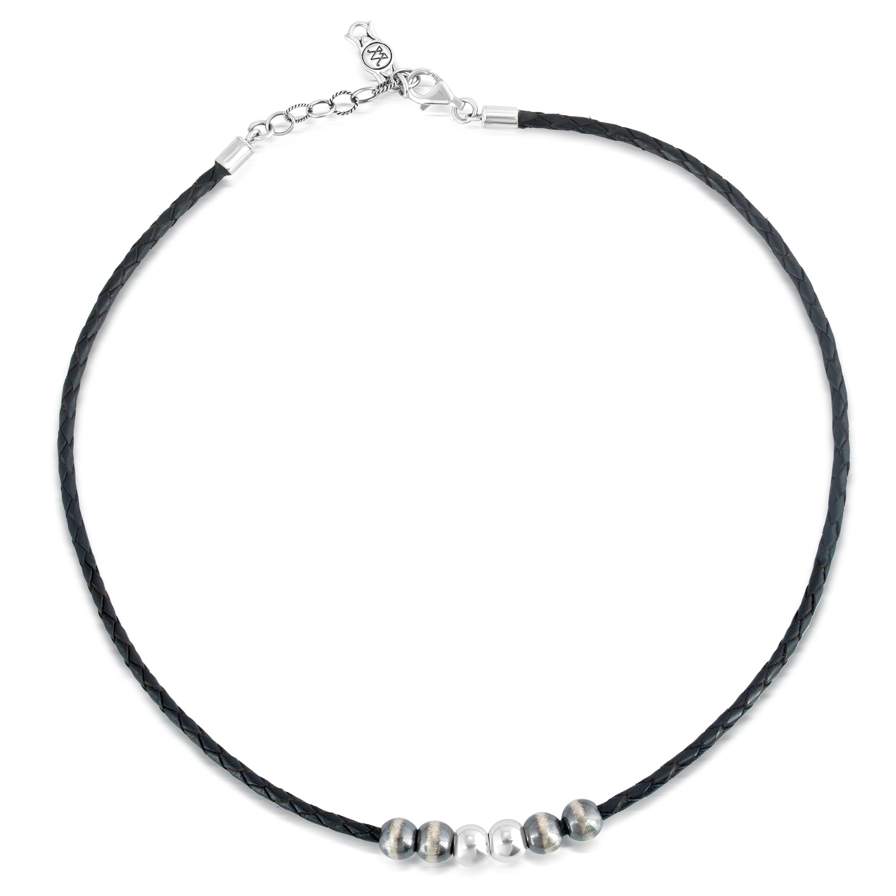 Sterling Silver Braided Black Leather Beaded Necklace – American West