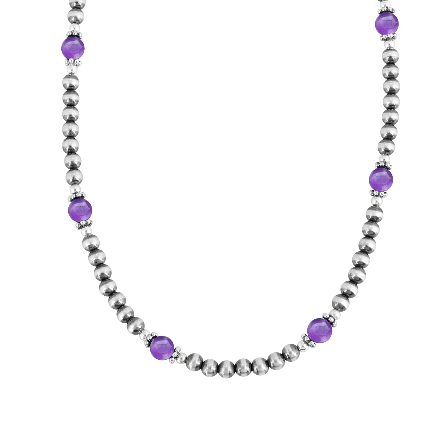Sterling Silver and Amethyst Bead Necklace, 17 to 20 Inches