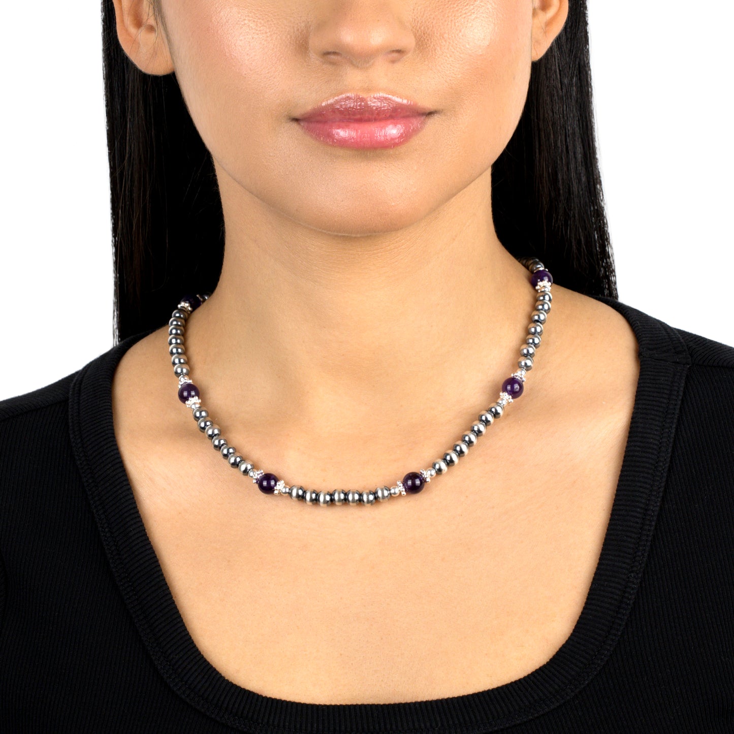 Sterling Silver and Amethyst Bead Necklace, 17 to 20 Inches