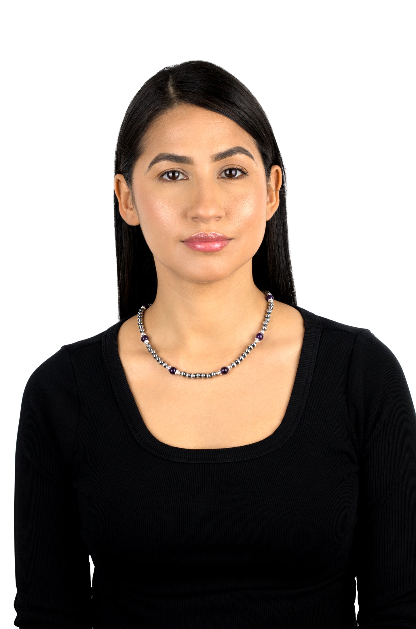 Sterling Silver and Amethyst Bead Necklace, 17 to 20 Inches