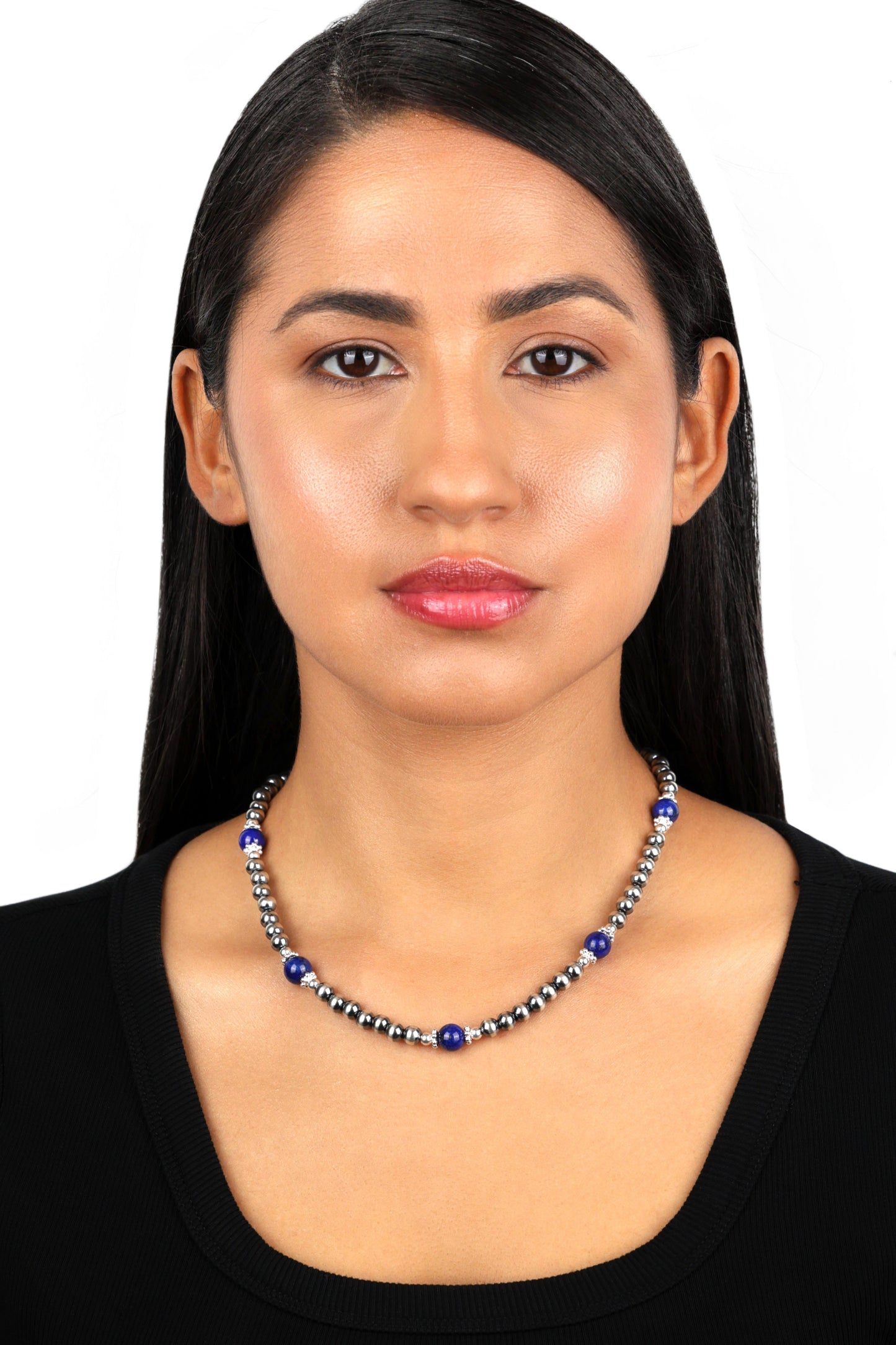 Sterling Silver and Lapis Bead Necklace, 17 to 20 Inches