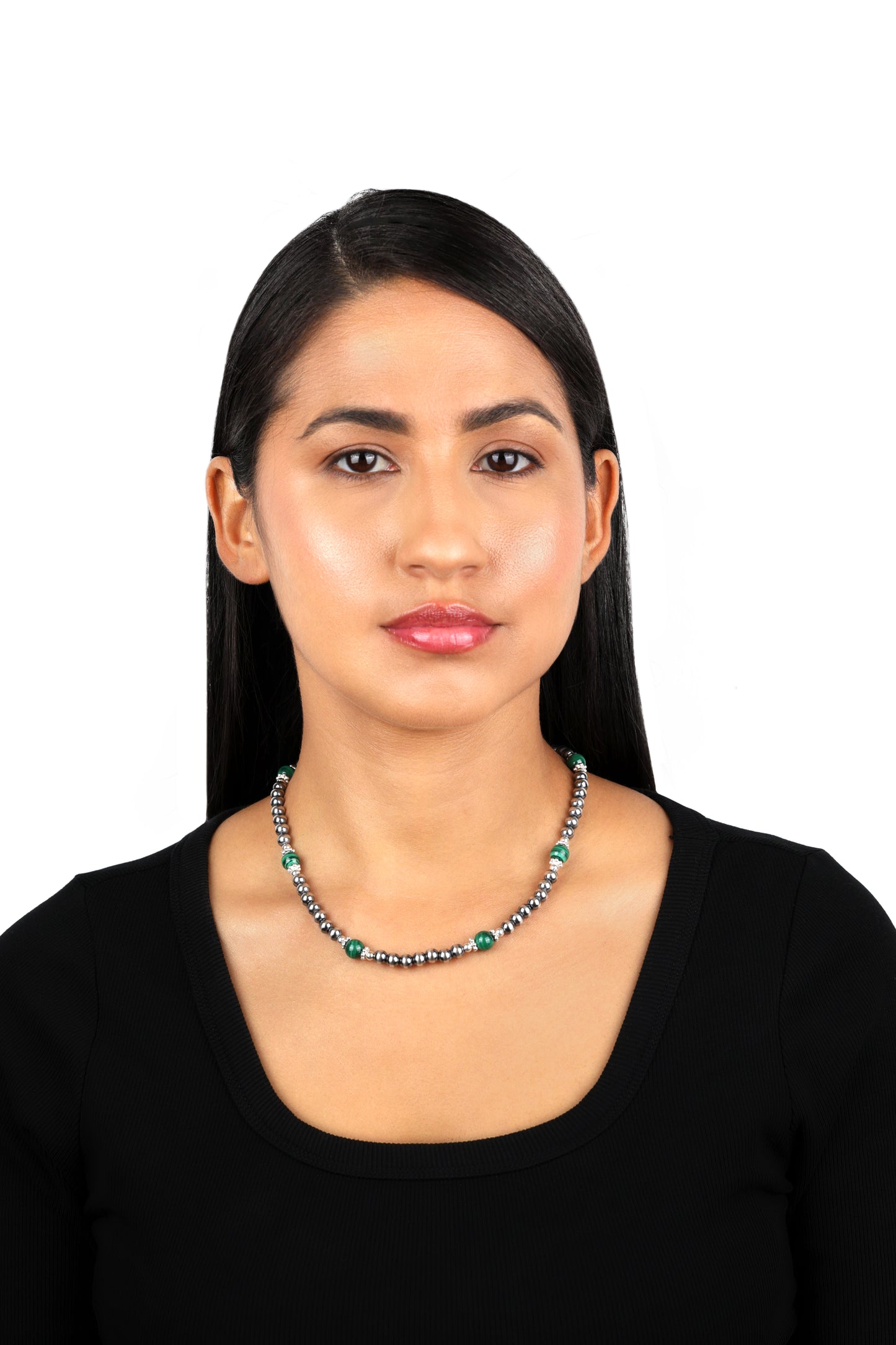 Sterling Silver and Malachite Bead Necklace, 17 to 20 Inches