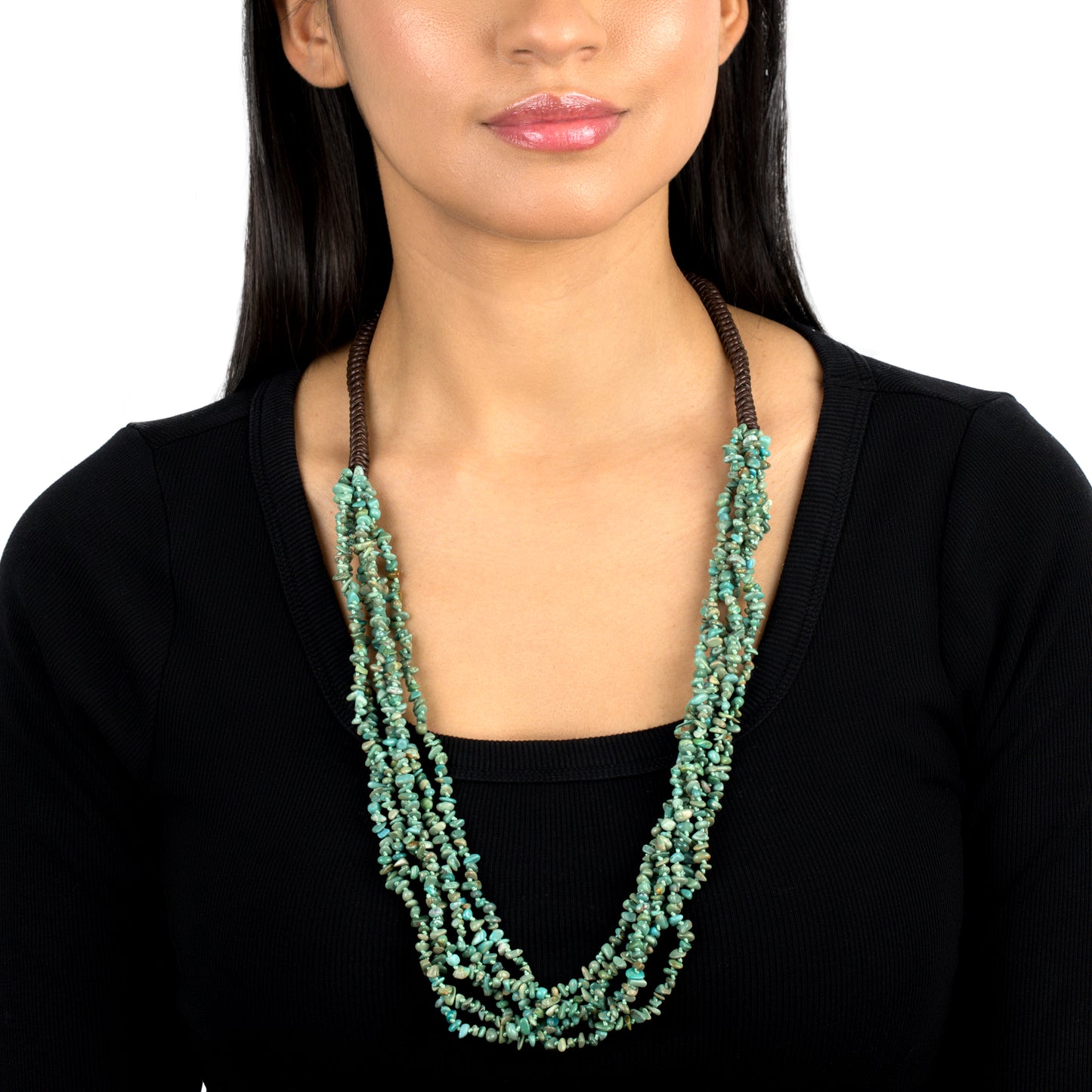 EXCLUSIVELY OURS! Brown Leather Green Turquoise Beaded Necklace, 32 Inches
