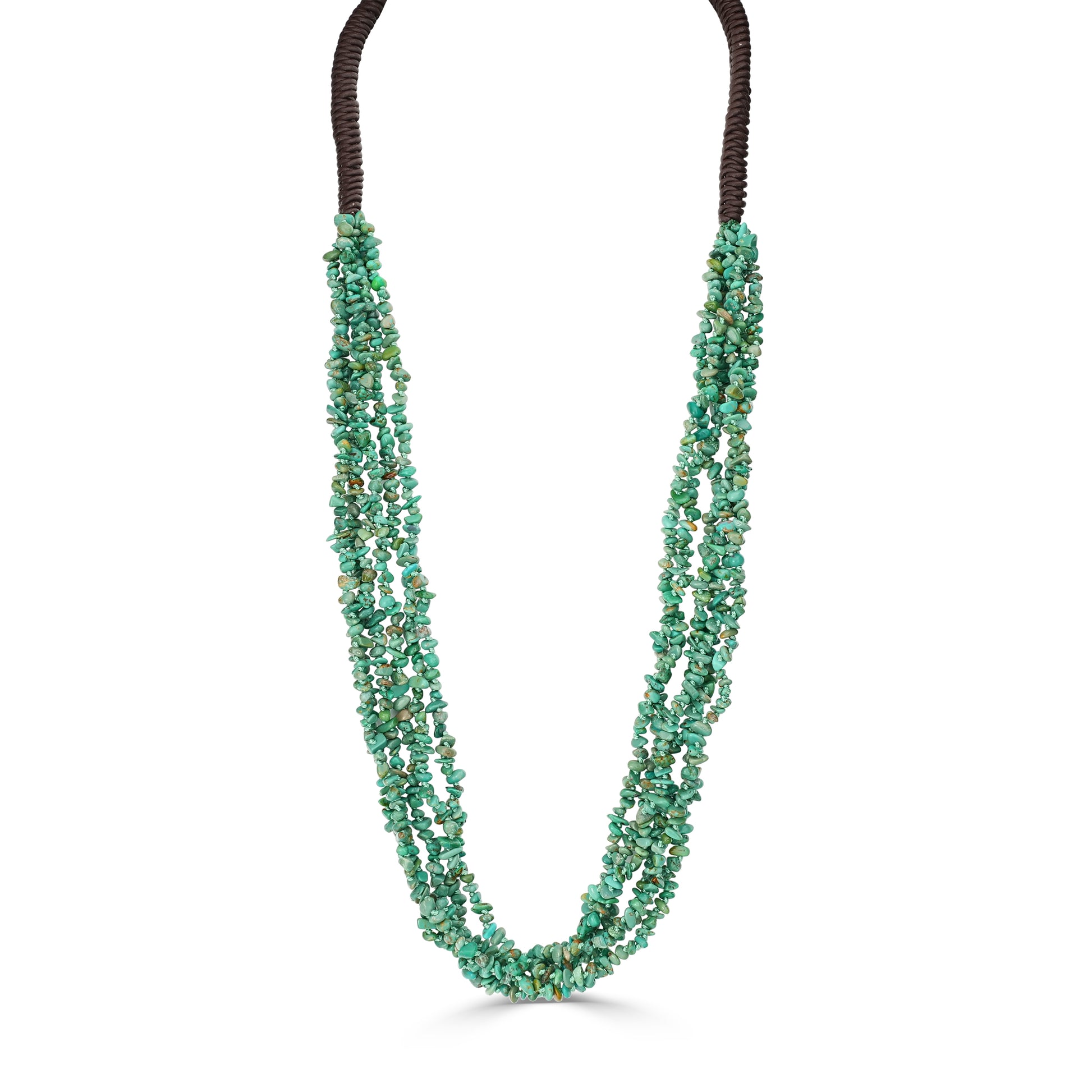 Brown Leather Green Turquoise Beaded Necklace, 32 Inches