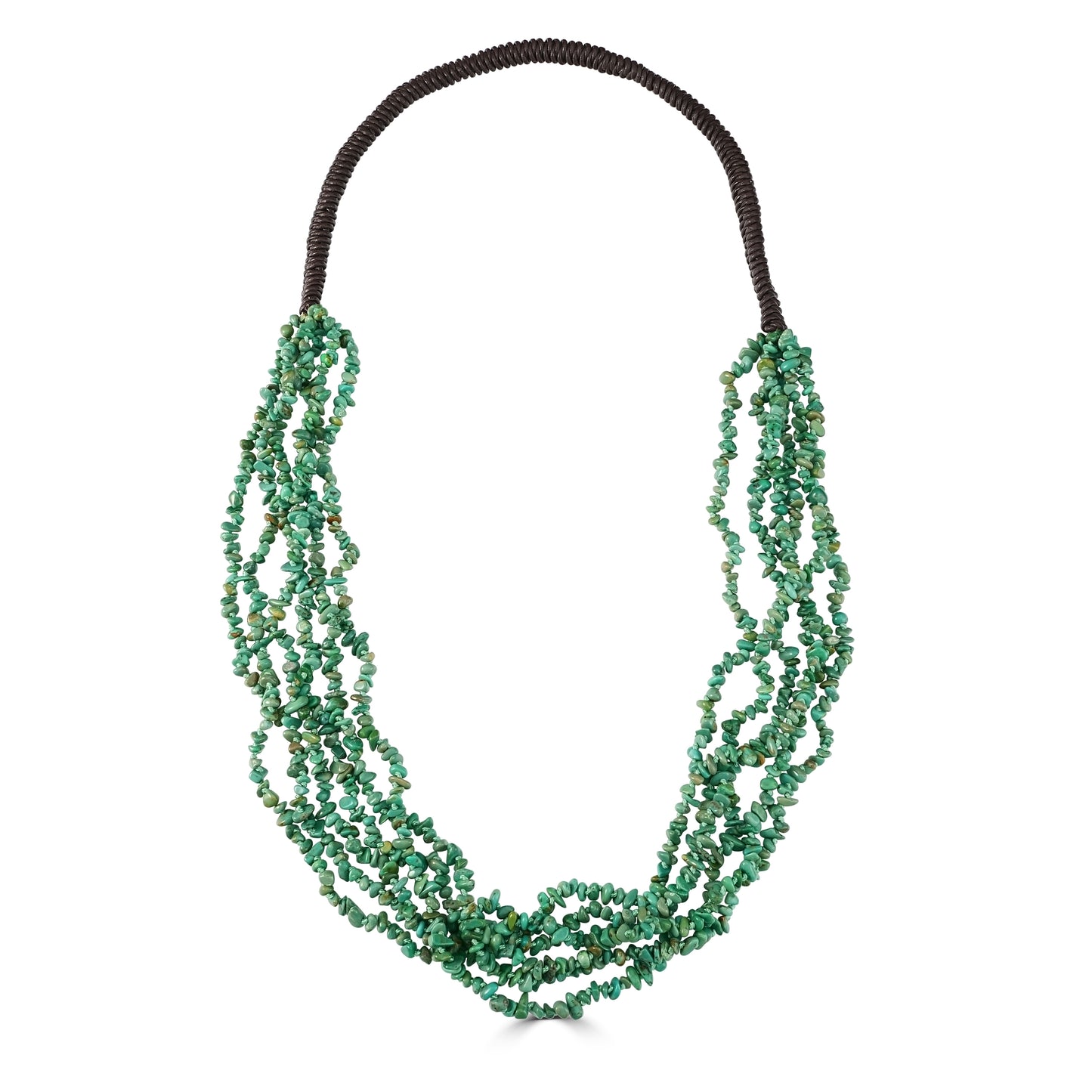 Brown Leather Green Turquoise Beaded Necklace, 32 Inches