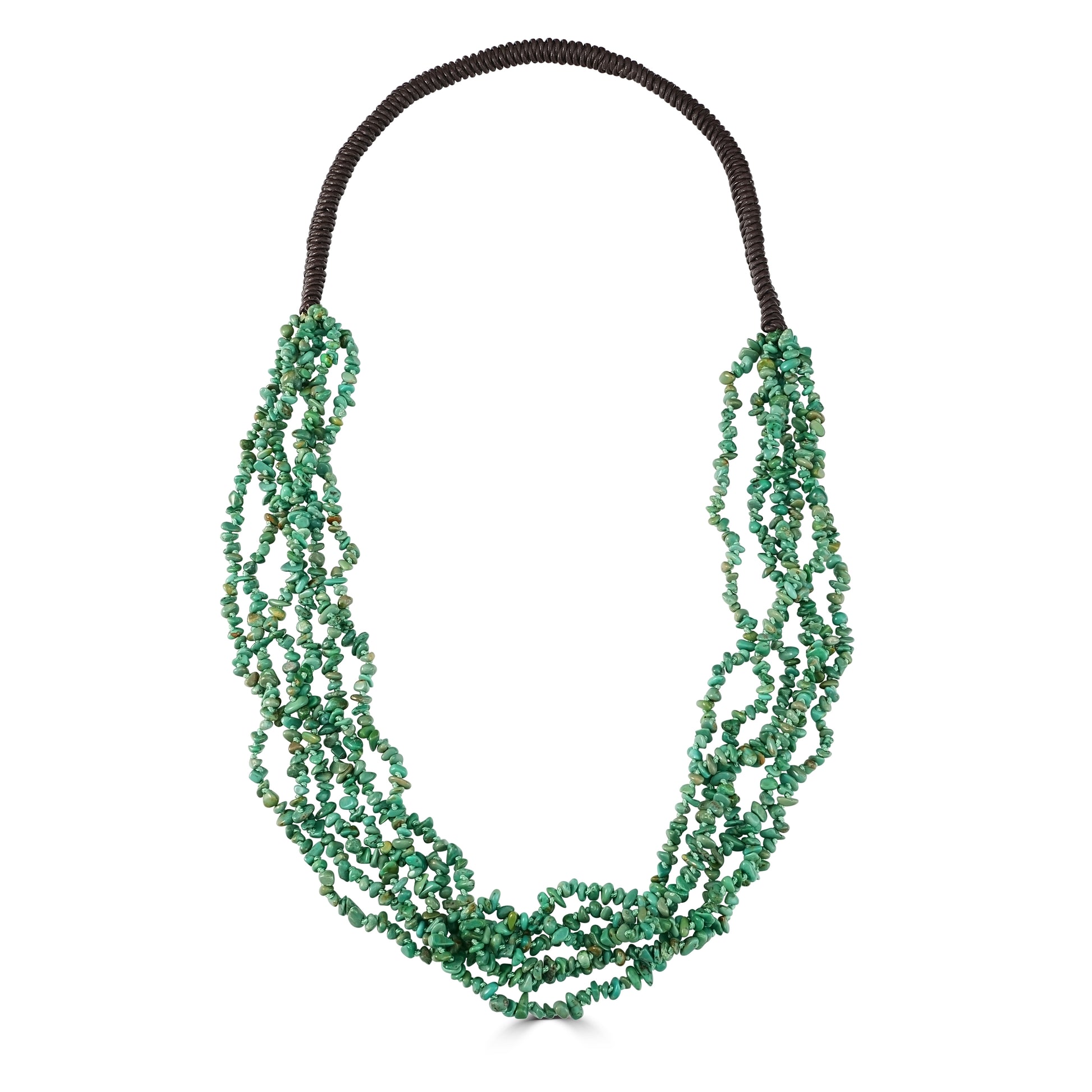 Brown Leather Green Turquoise Beaded Necklace, 32 Inches