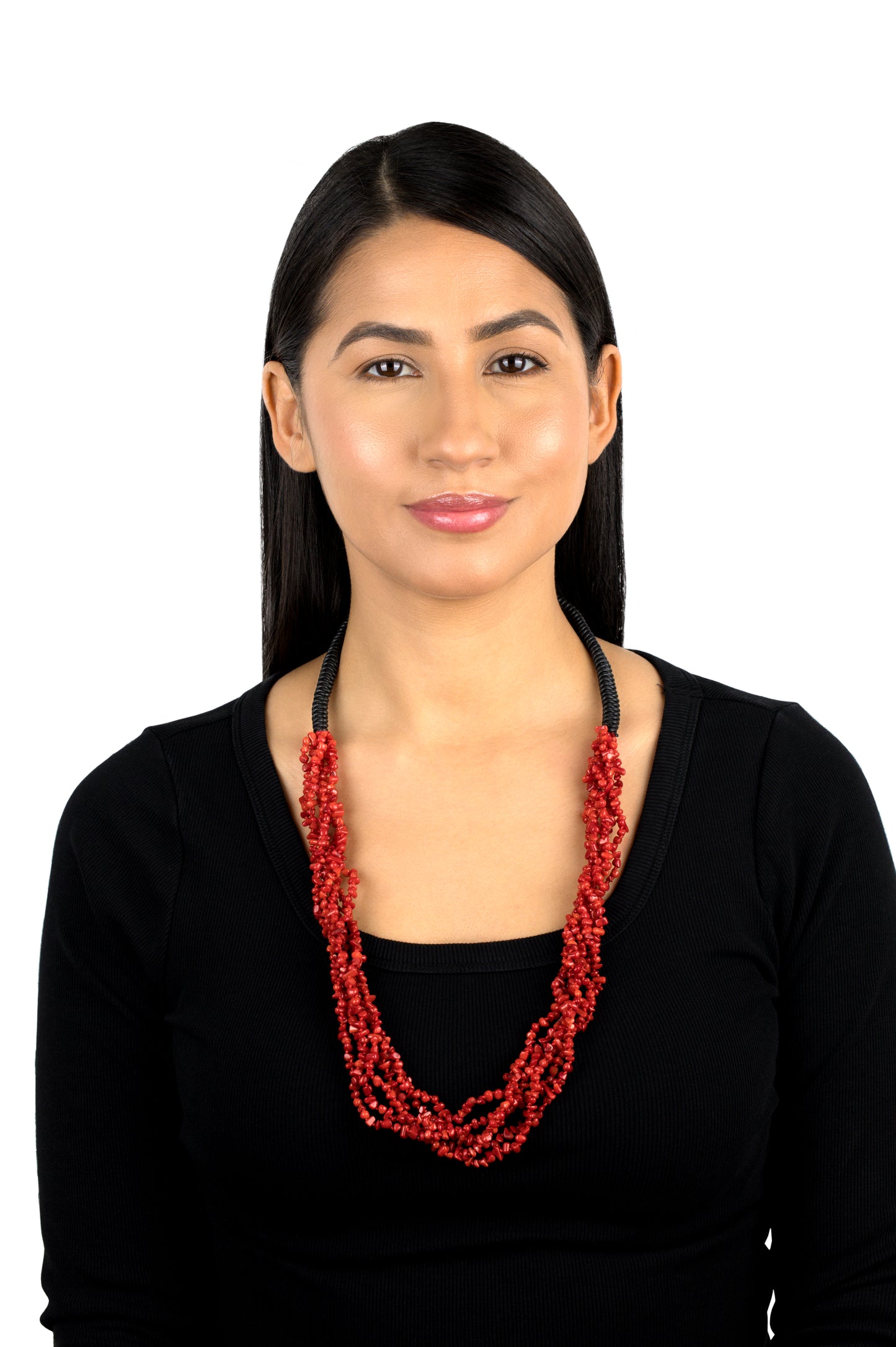 EXCLUSIVELY OURS! Black Leather Red Coral Beaded Necklace, 32 Inches