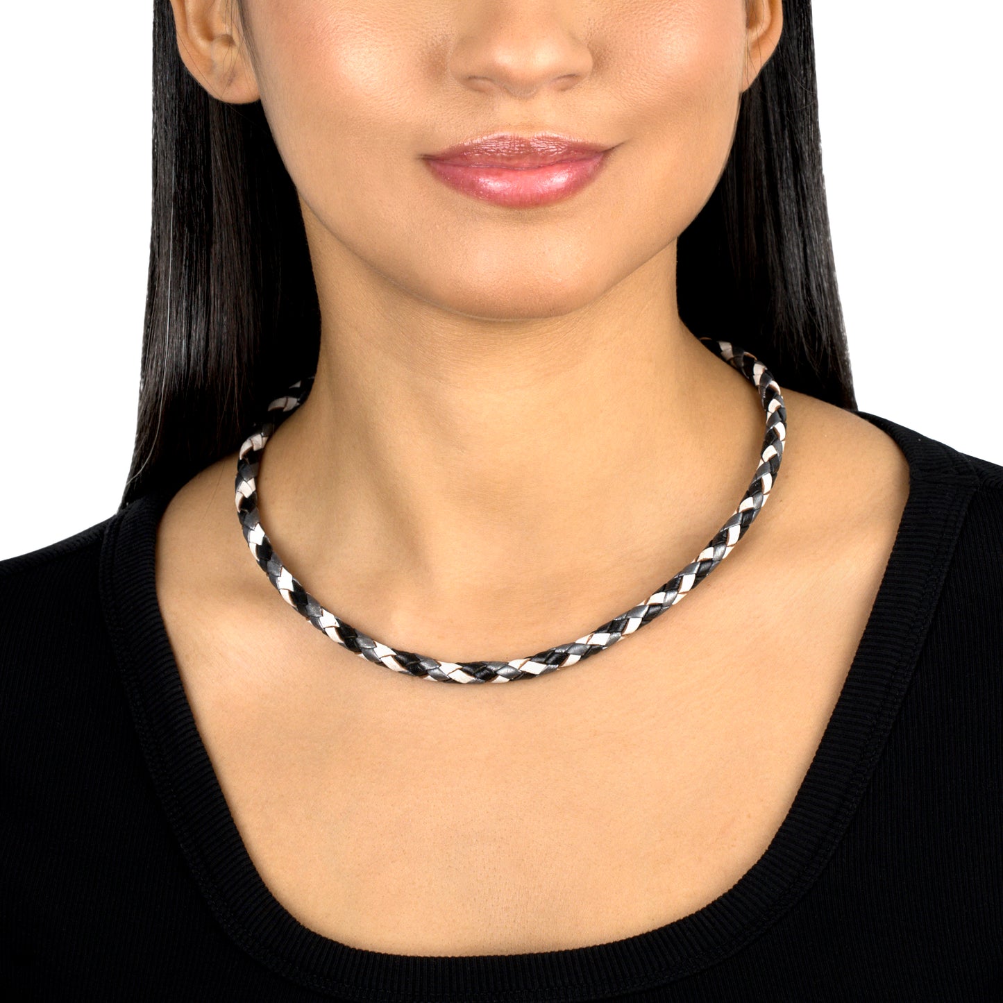 Sterling Silver Multi-Color Braided Black, White and Gray Leather Necklace, 17 and 20 Inches