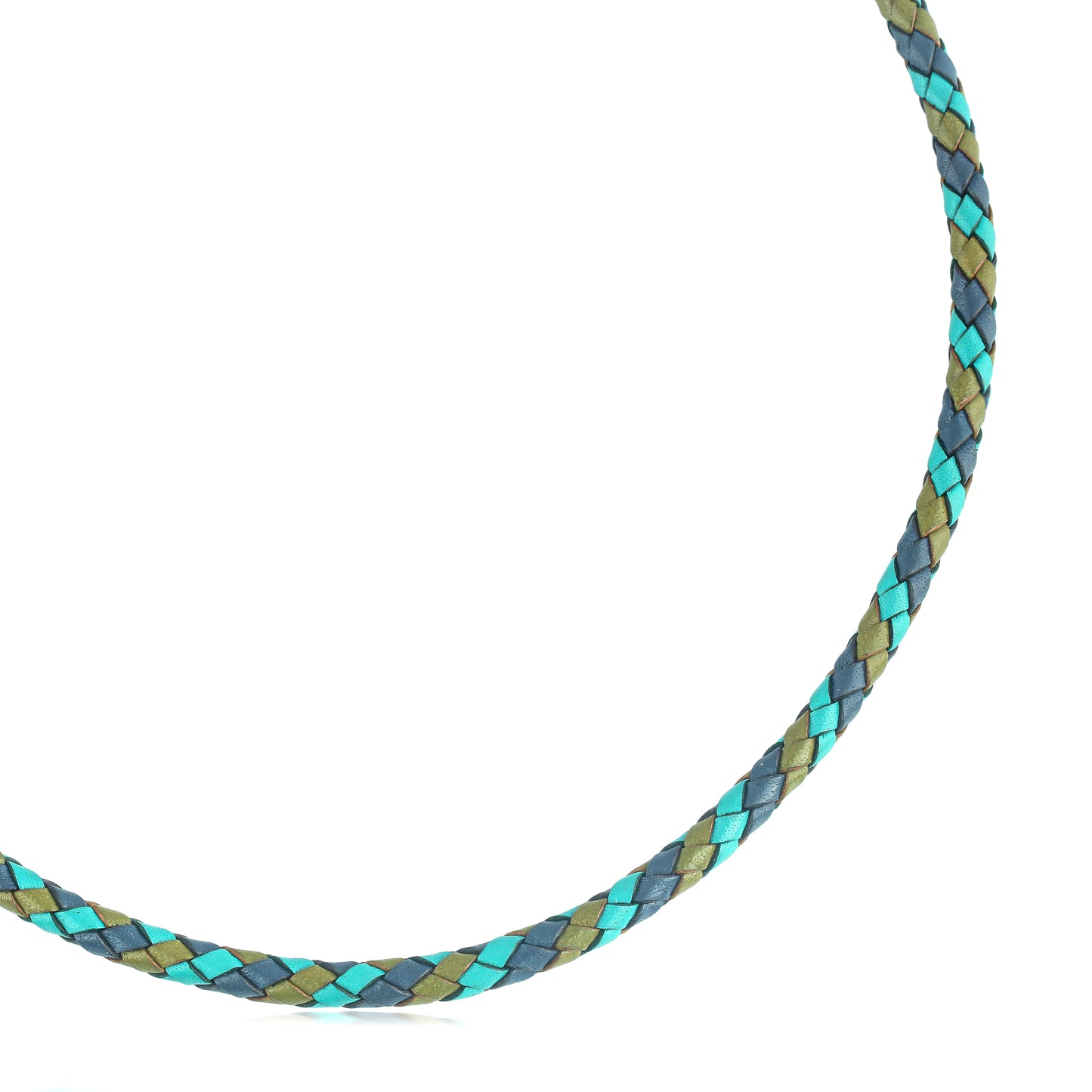 Sterling Silver Multi-Color Braided Blue, Turquoise and Green Leather Necklace, 17 and 20 Inches