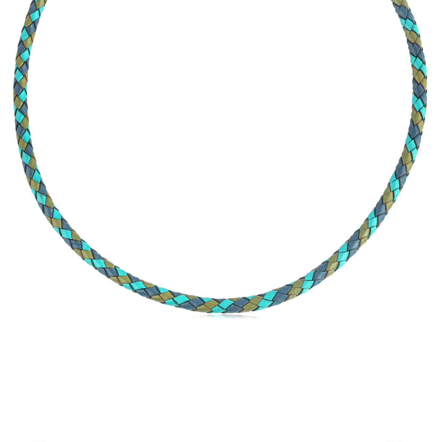 Sterling Silver Multi-Color Braided Blue, Turquoise and Green Leather Necklace, 17 and 20 Inches