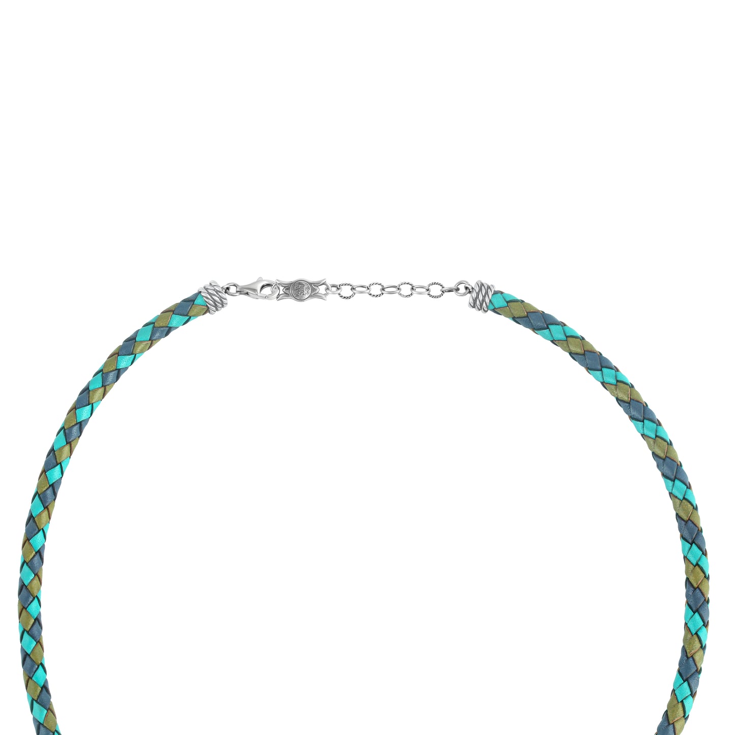 Sterling Silver Multi-Color Braided Blue, Turquoise and Green Leather Necklace, 17 and 20 Inches