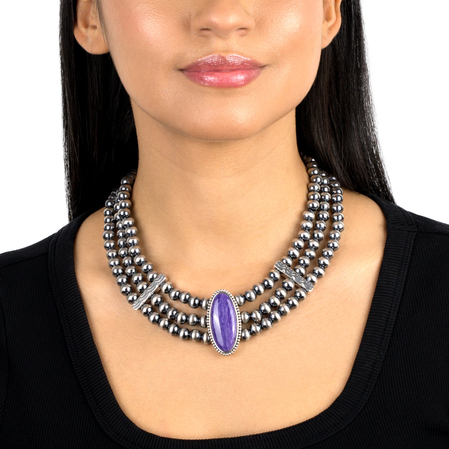 EXCLUSIVELY OURS! Sterling Silver Charoite Oval Cut Triple-Row Beaded Necklace, 17 to 20 Inches