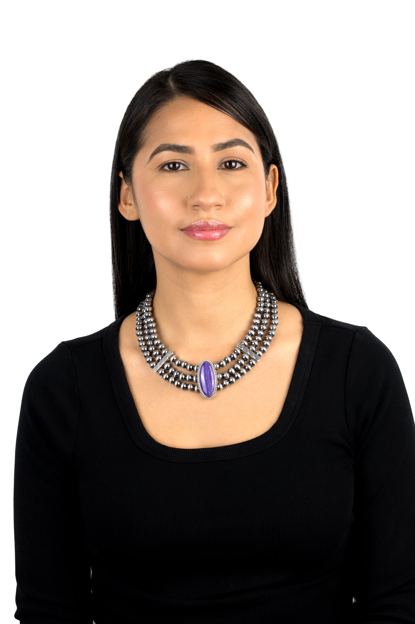 EXCLUSIVELY OURS! Sterling Silver Charoite Oval Cut Triple-Row Beaded Necklace, 17 to 20 Inches