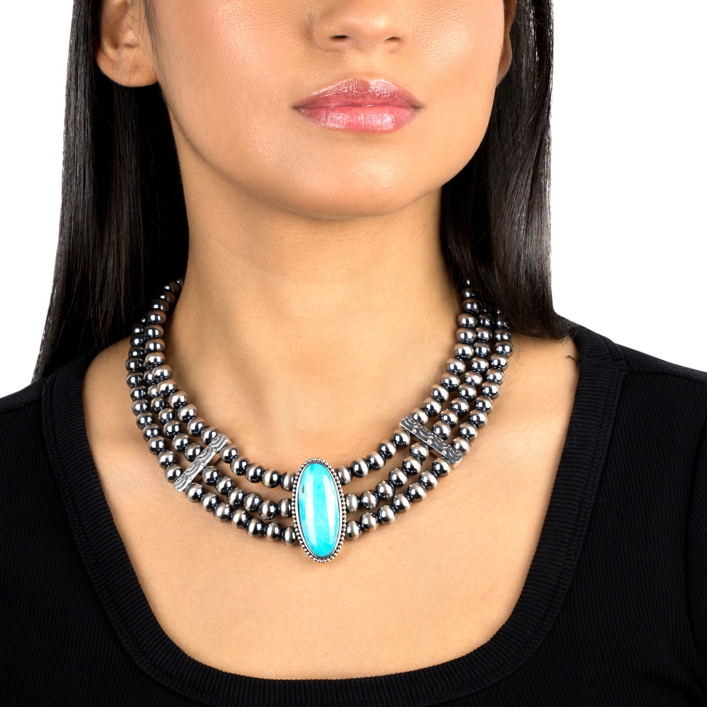 EXCLUSIVELY OURS! Sterling Silver Kingman Turquoise Oval Cut Triple-Row Beaded Necklace, 17 to 20 Inches