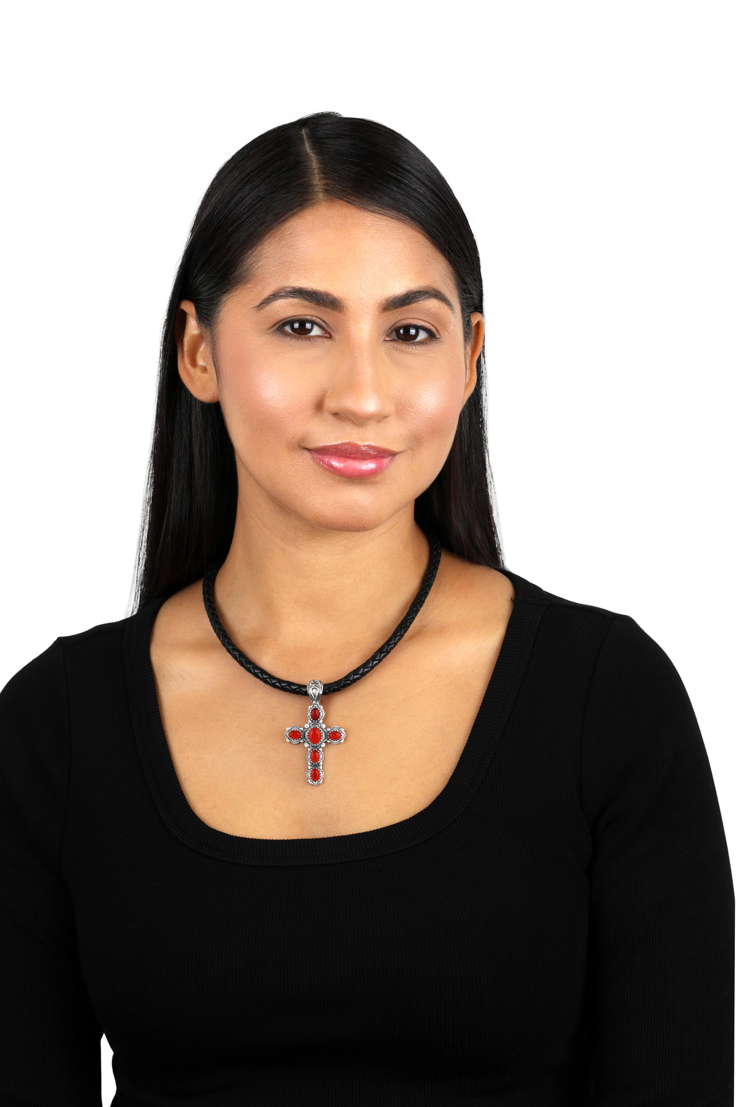 Sterling Silver Red Onyx Gemstone Cross Design Pendant Enhancer