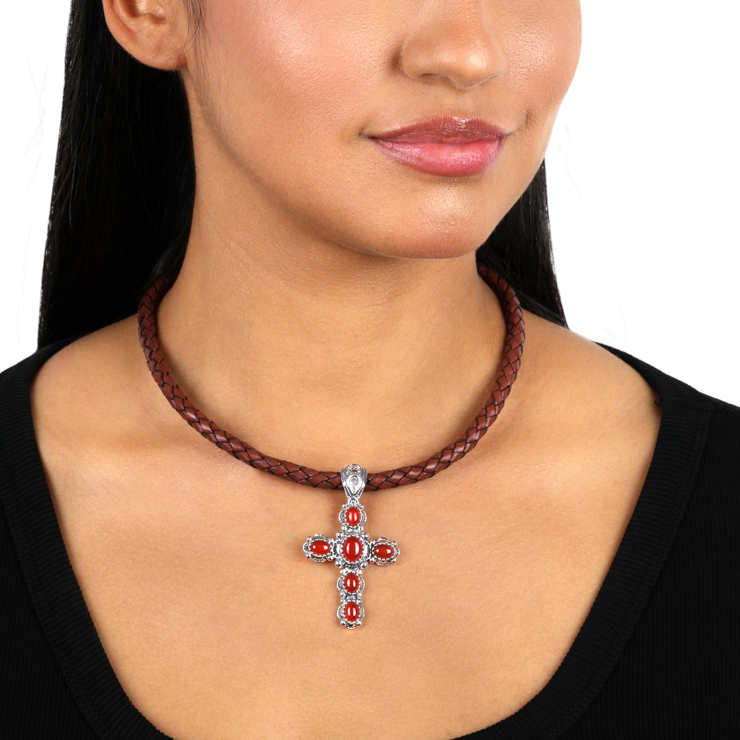 Sterling Silver Red Onyx Gemstone Cross Design Pendant Enhancer