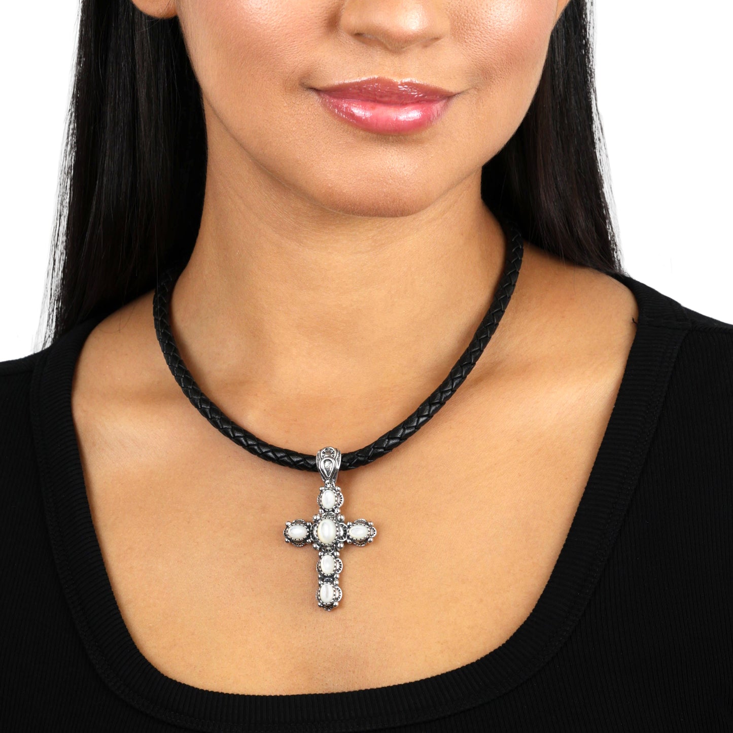 EXCLUSIVELY OURS! Sterling Silver White Mother of Pearl Gemstone Cross Design Pendant Enhancer