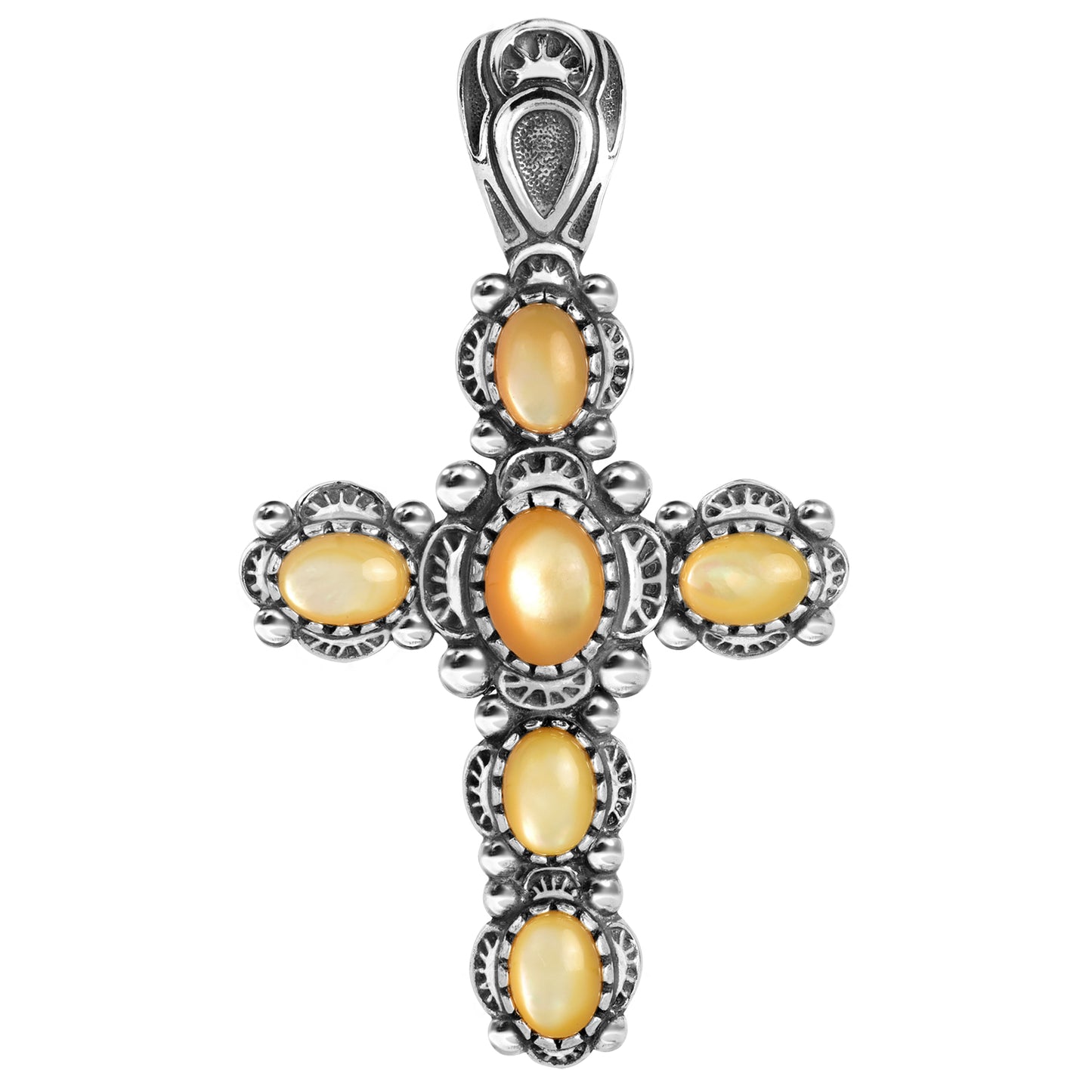 Sterling Silver Yellow Mother of Pearl Gemstone Cross Pendant Enhancer