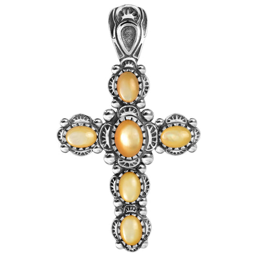 Sterling Silver Yellow Mother of Pearl Gemstone Cross Pendant Enhancer