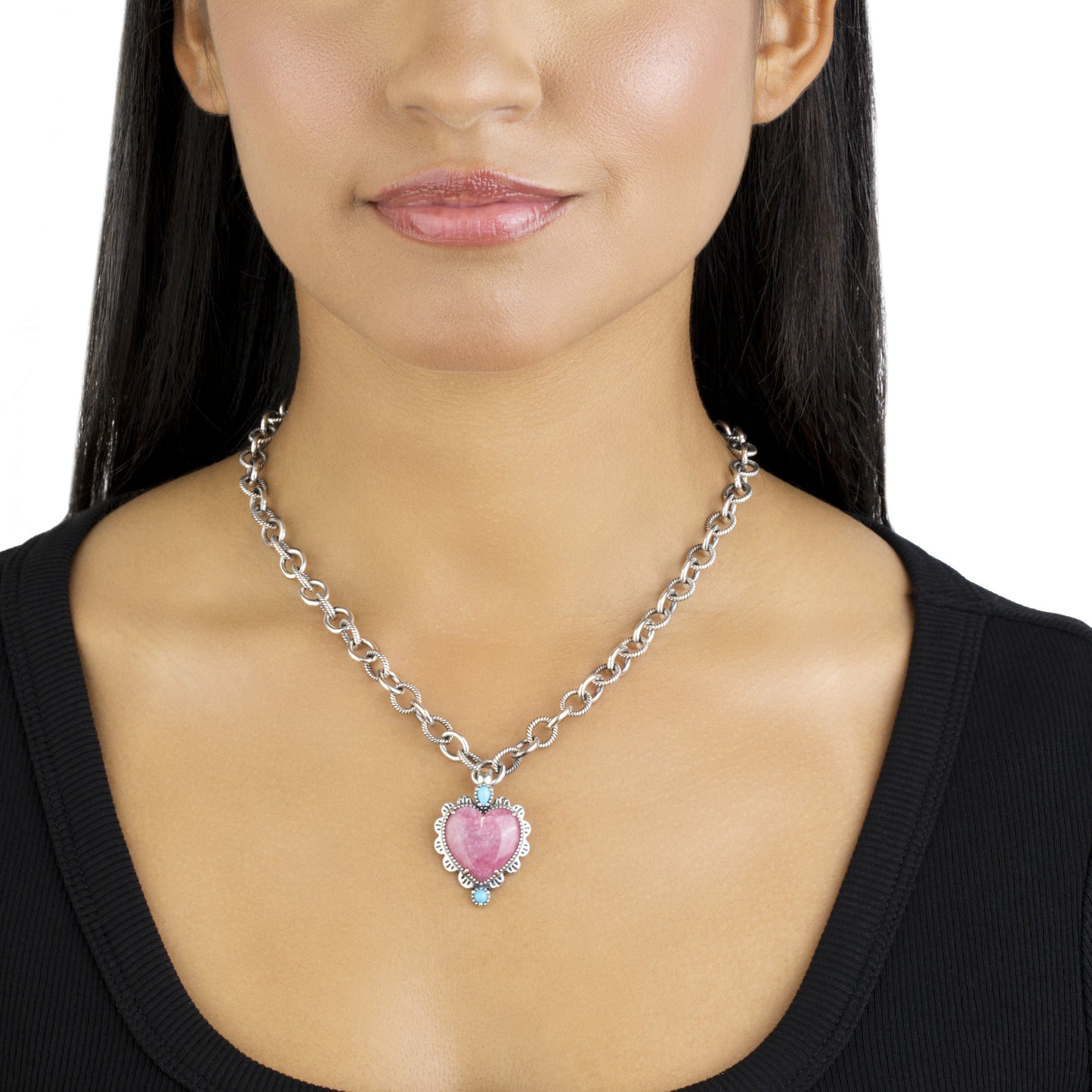 Sterling Silver Rhodonite and Sleeping Beauty Turquoise Heart Design Pendant Enhancer