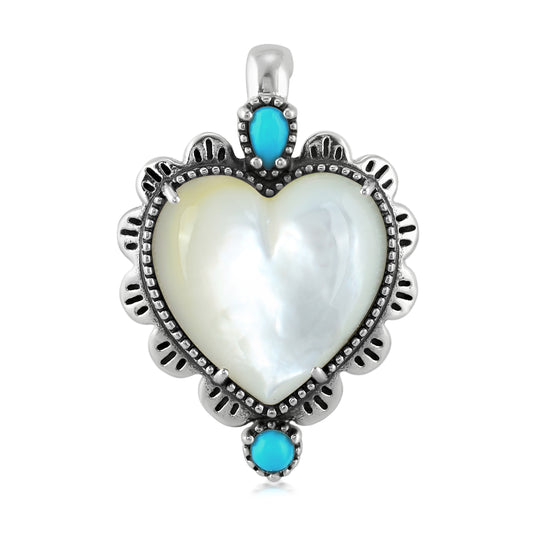 Sterling Silver with White Mother of Pearl and Blue Turquoise Gemstone Concha Heart Design Women's Pendant Enhancer