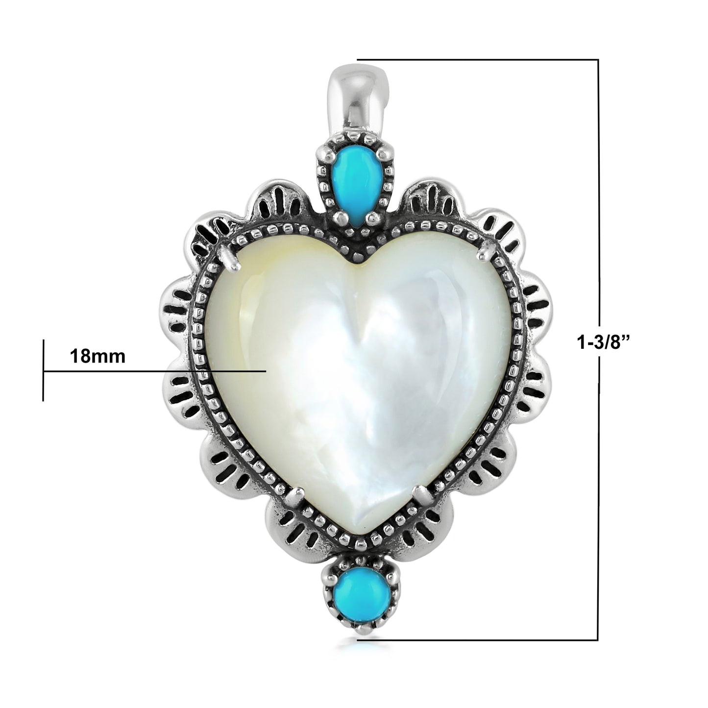 Sterling Silver White Mother of Pearl and Sleeping Beauty Turquoise Gemstone Heart Design Pendant Enhancer