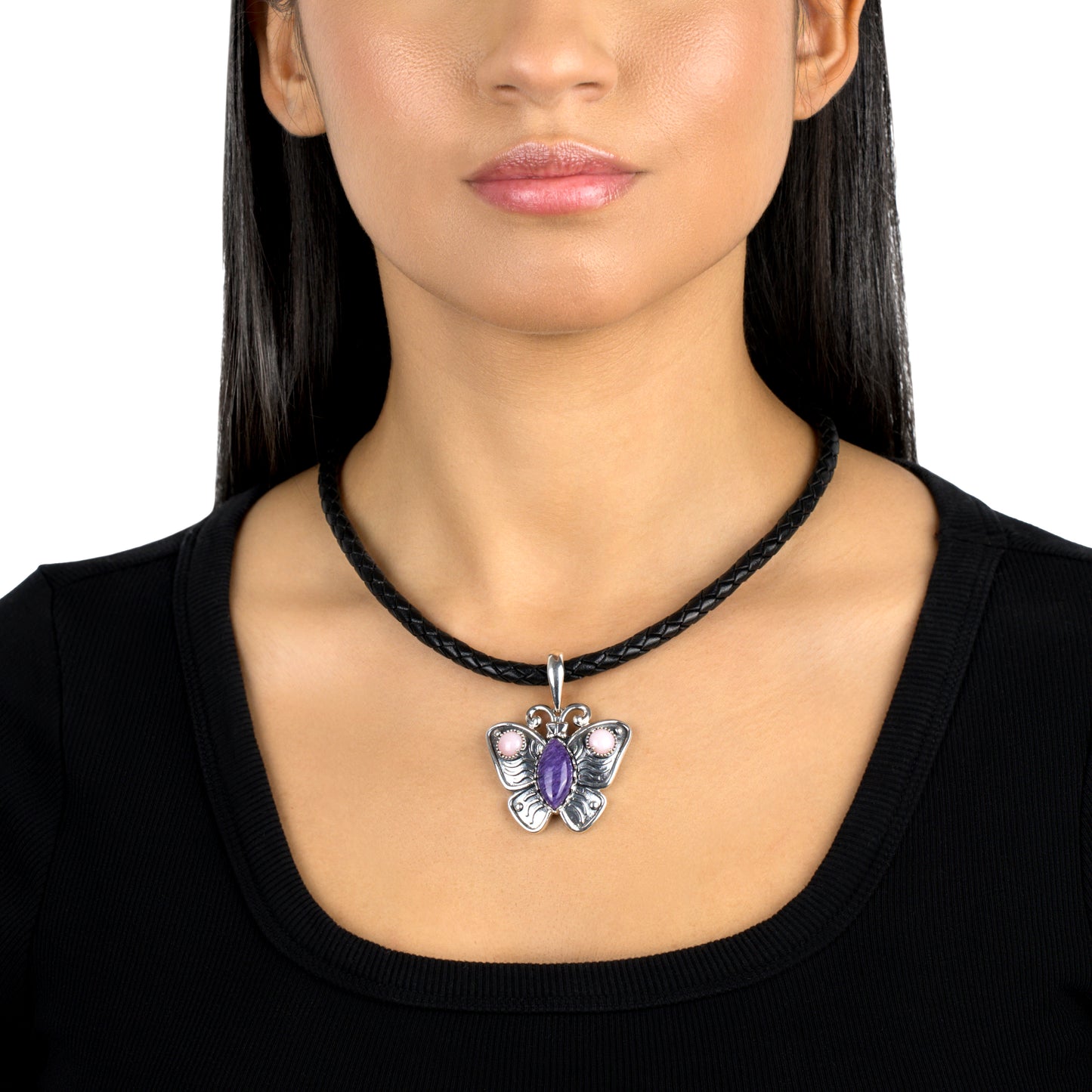 EXCLUSIVELY OURS! Sterling Silver Charoite and Pink Opal Butterfly Pendant Enhancer