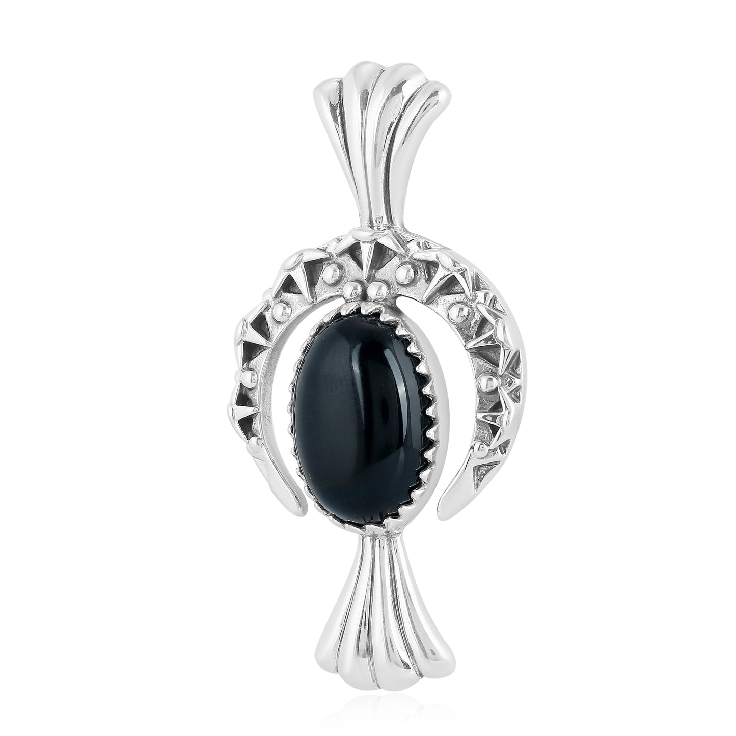 EXCLUSIVELY OURS! Sterling Silver Black Agate Gemstone Fritz Casuse Squash Blossom and Naja Crescent Moon Women's Pendant Enhancer
