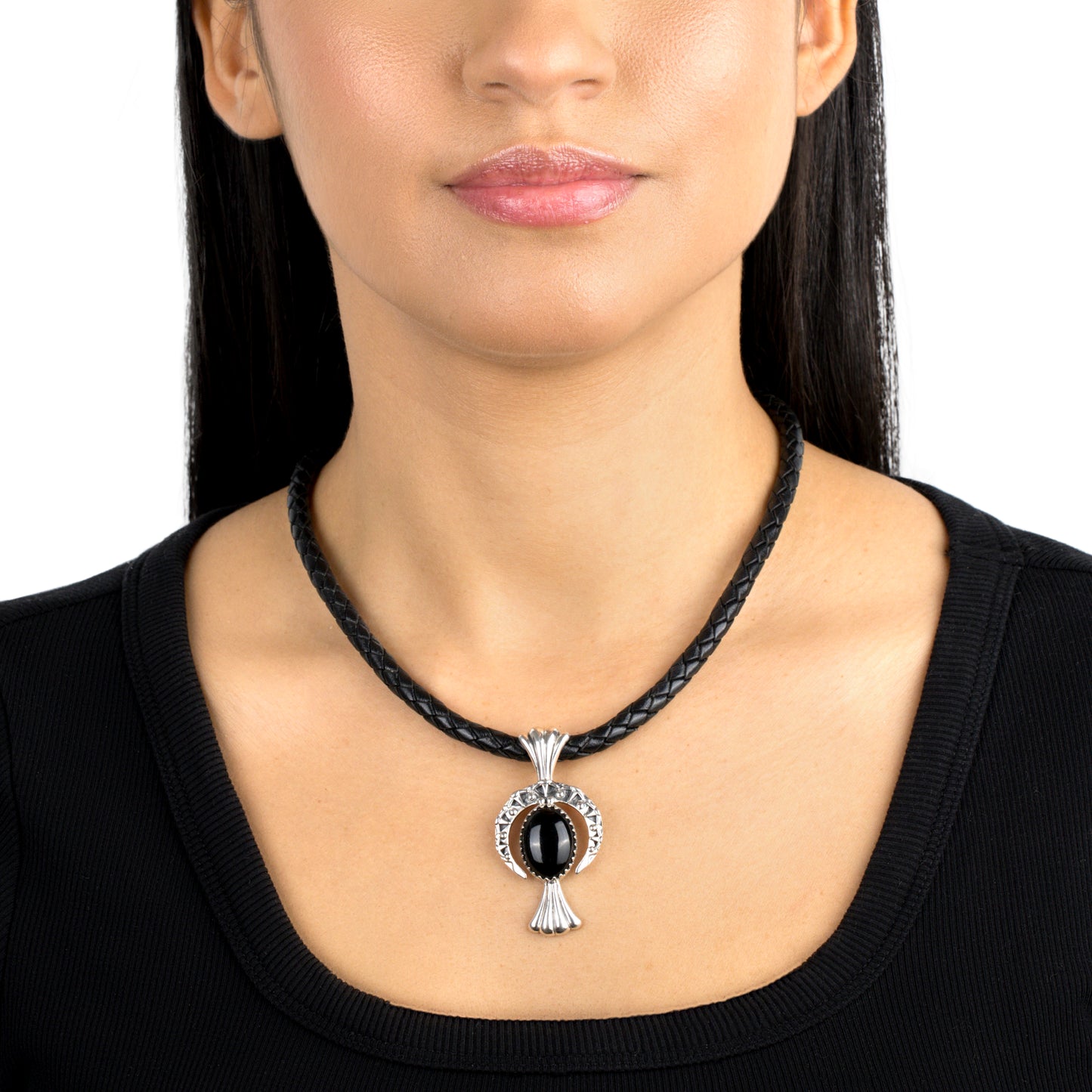 EXCLUSIVELY OURS! Sterling Silver Black Agate Gemstone Fritz Casuse Squash Blossom and Naja Crescent Moon Women's Pendant Enhancer