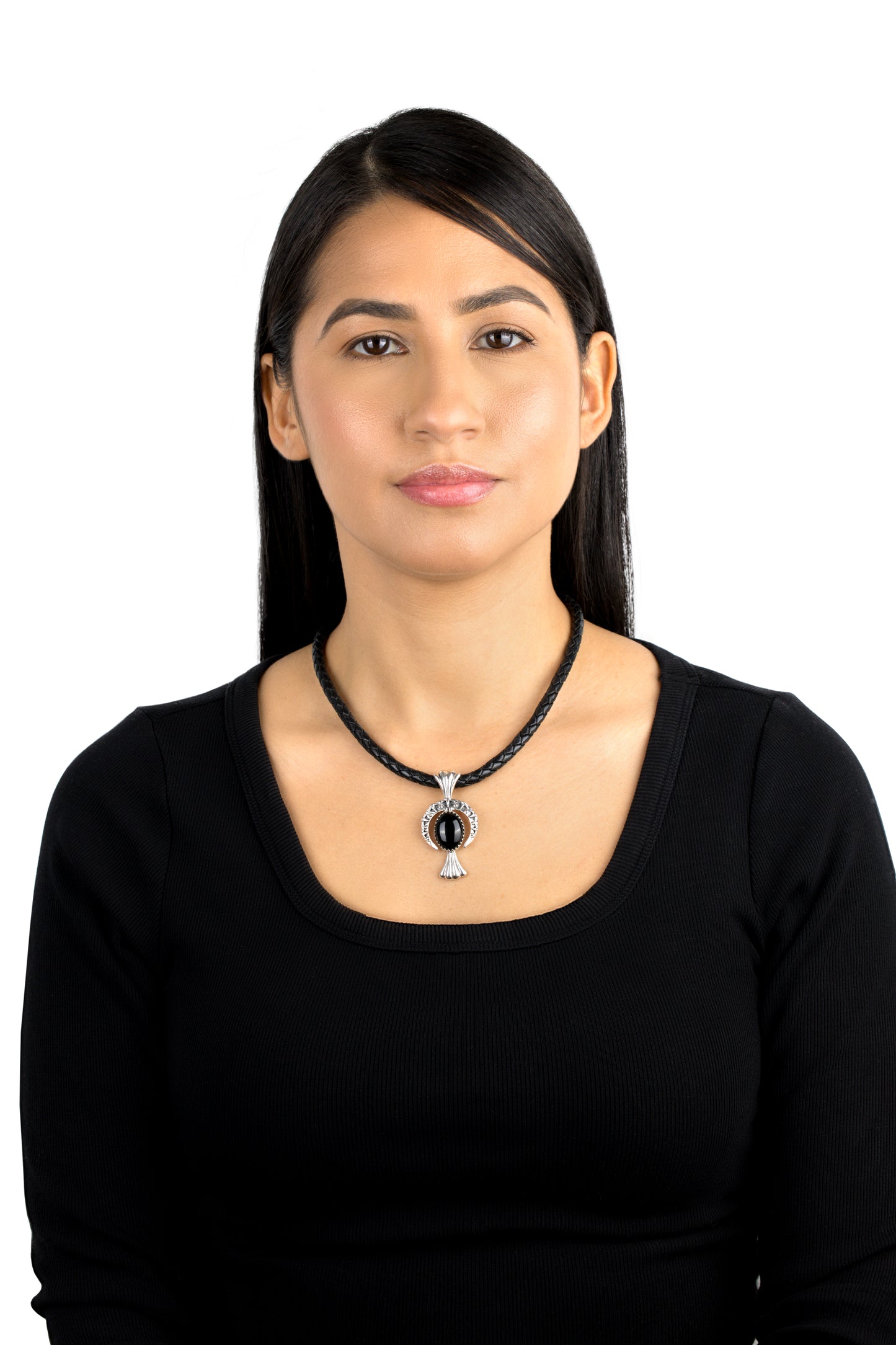EXCLUSIVELY OURS! Sterling Silver Black Agate Gemstone Fritz Casuse Squash Blossom and Naja Crescent Moon Women's Pendant Enhancer