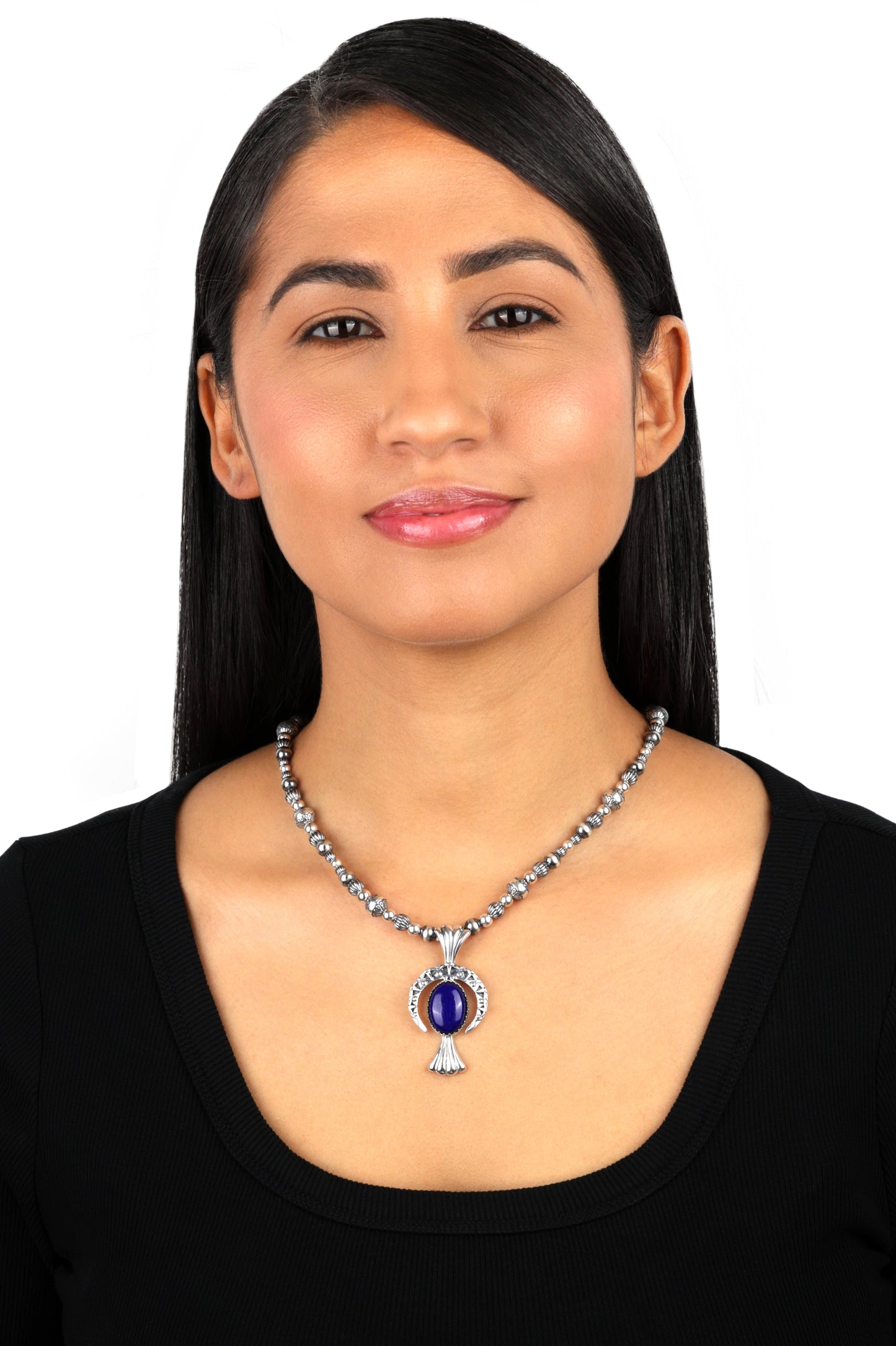 EXCLUSIVELY OURS! Sterling Silver Lapis Fritz Casuse Squash Blossom Naja Crescent Moon Pendant Enhancer