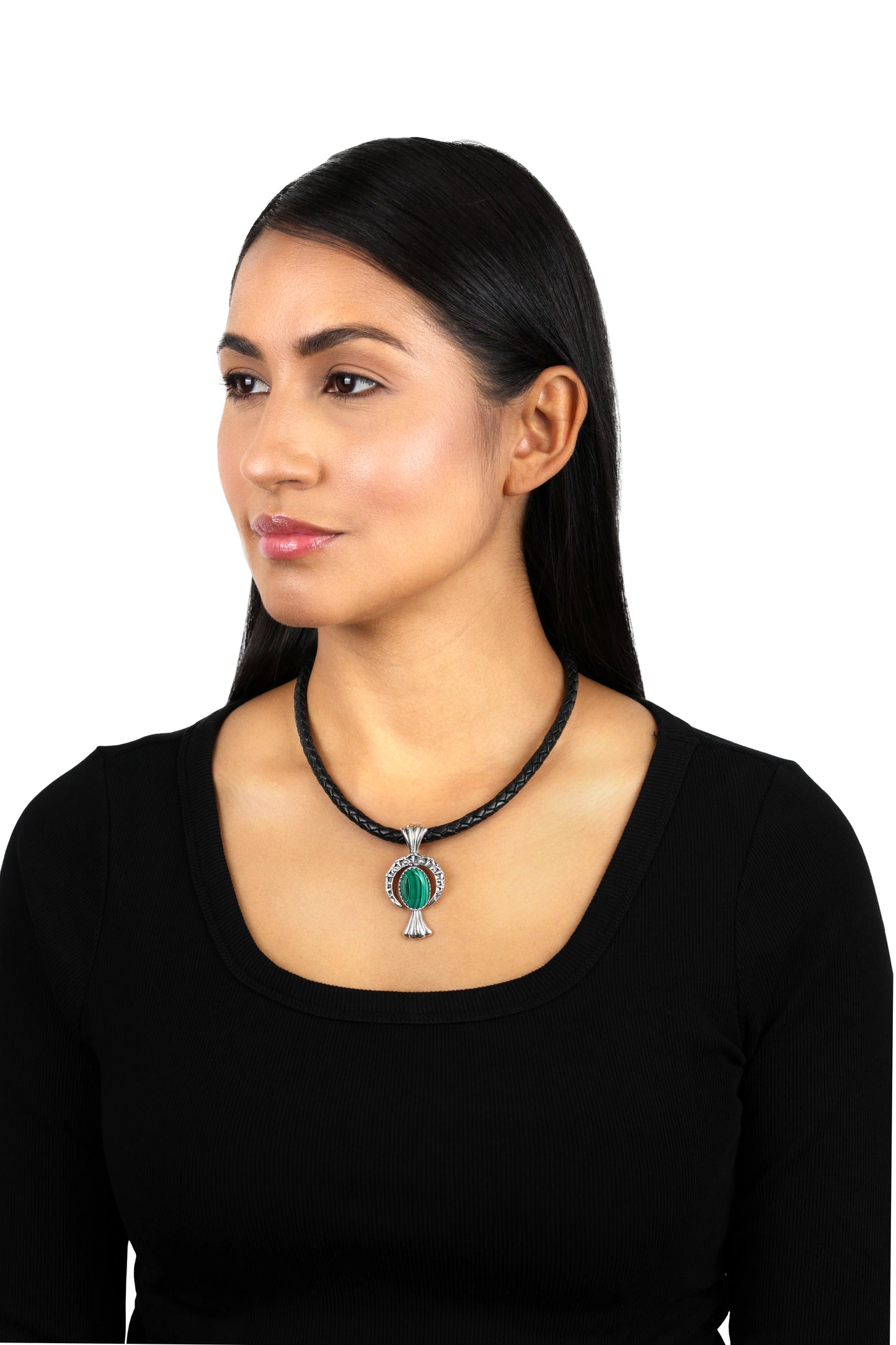 EXCLUSIVELY OURS! Sterling Silver Malachite Fritz Casuse Squash Blossom Naja Crescent Moon Pendant Enhancer