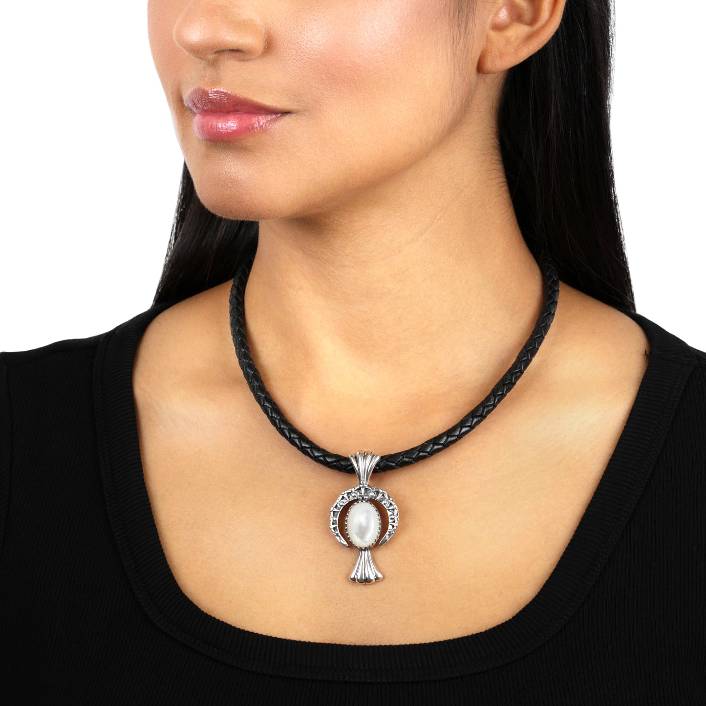 EXCLUSIVELY OURS! Sterling Silver White Mother of Pearl Fritz Casuse Squash Blossom and Naja Crescent Moon Women's Pendant Enhancer